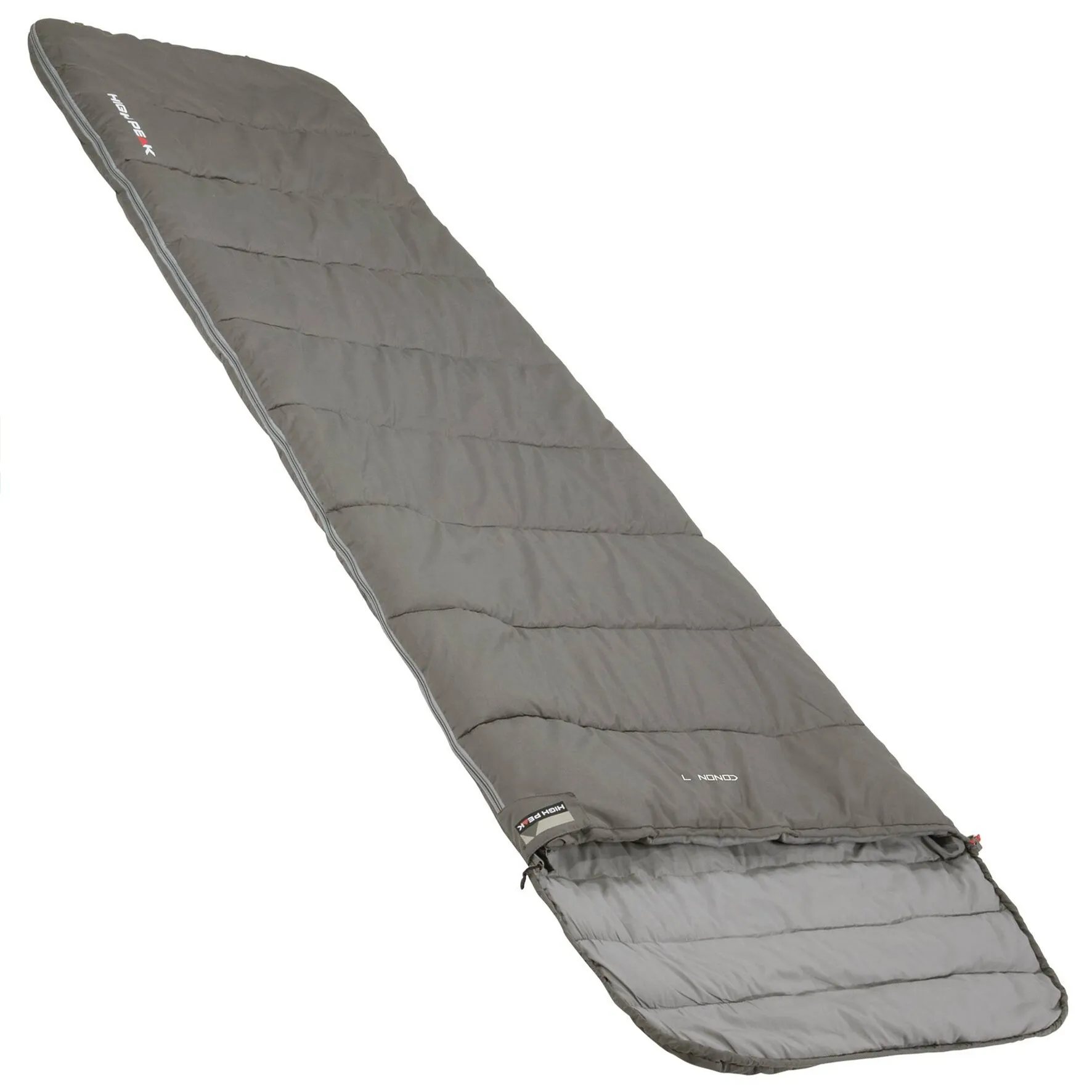 Grauer Deckenschlafsack Conon 7 von High Peak, vollständig ausgebreitet mit Steppnähten und offenem Fußbereich, 220 × 80 cm
