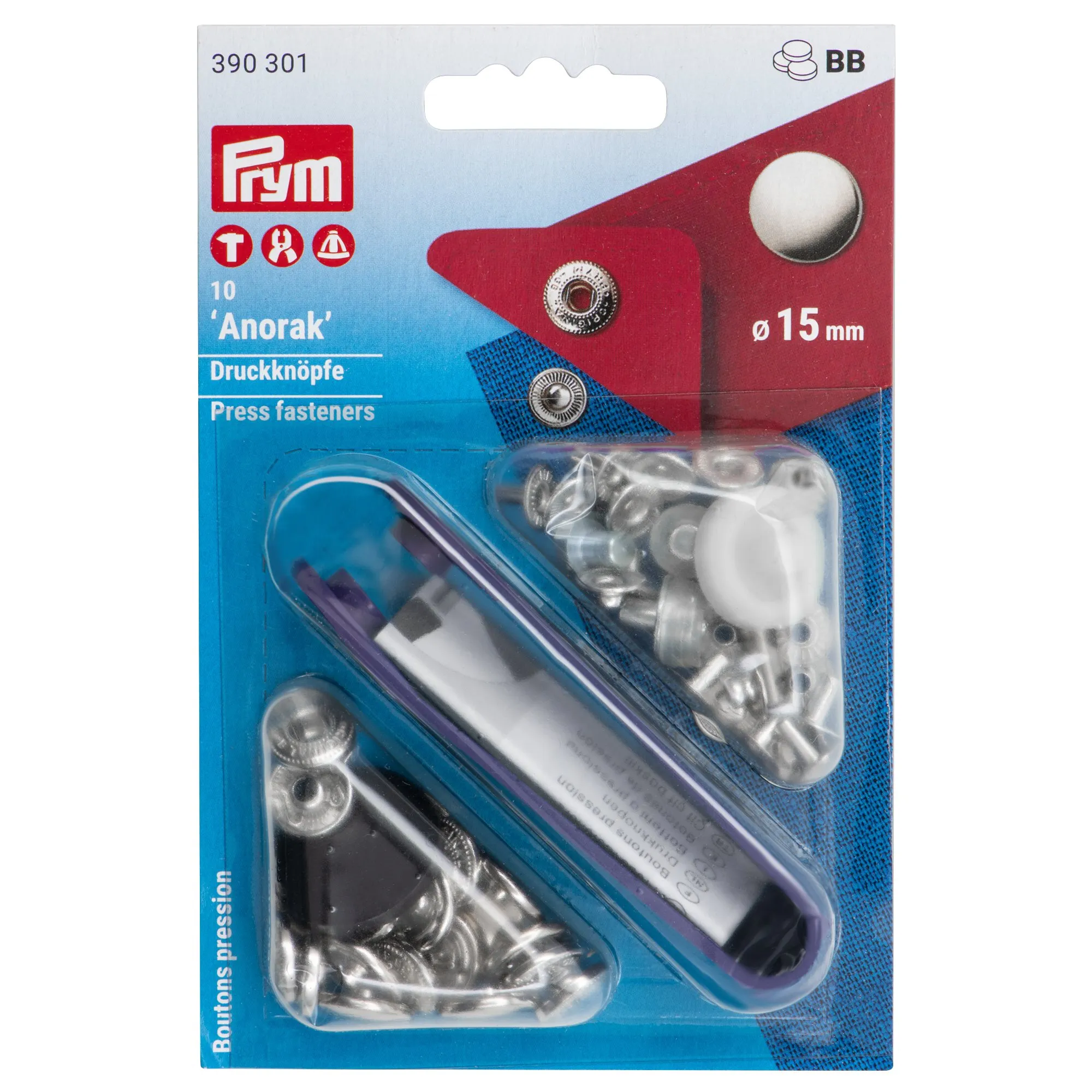 Prym Druckknöpfe Anorak, 10 silberfarbene Druckknöpfe mit Werkzeug im Blister, Durchmesser 15 mm