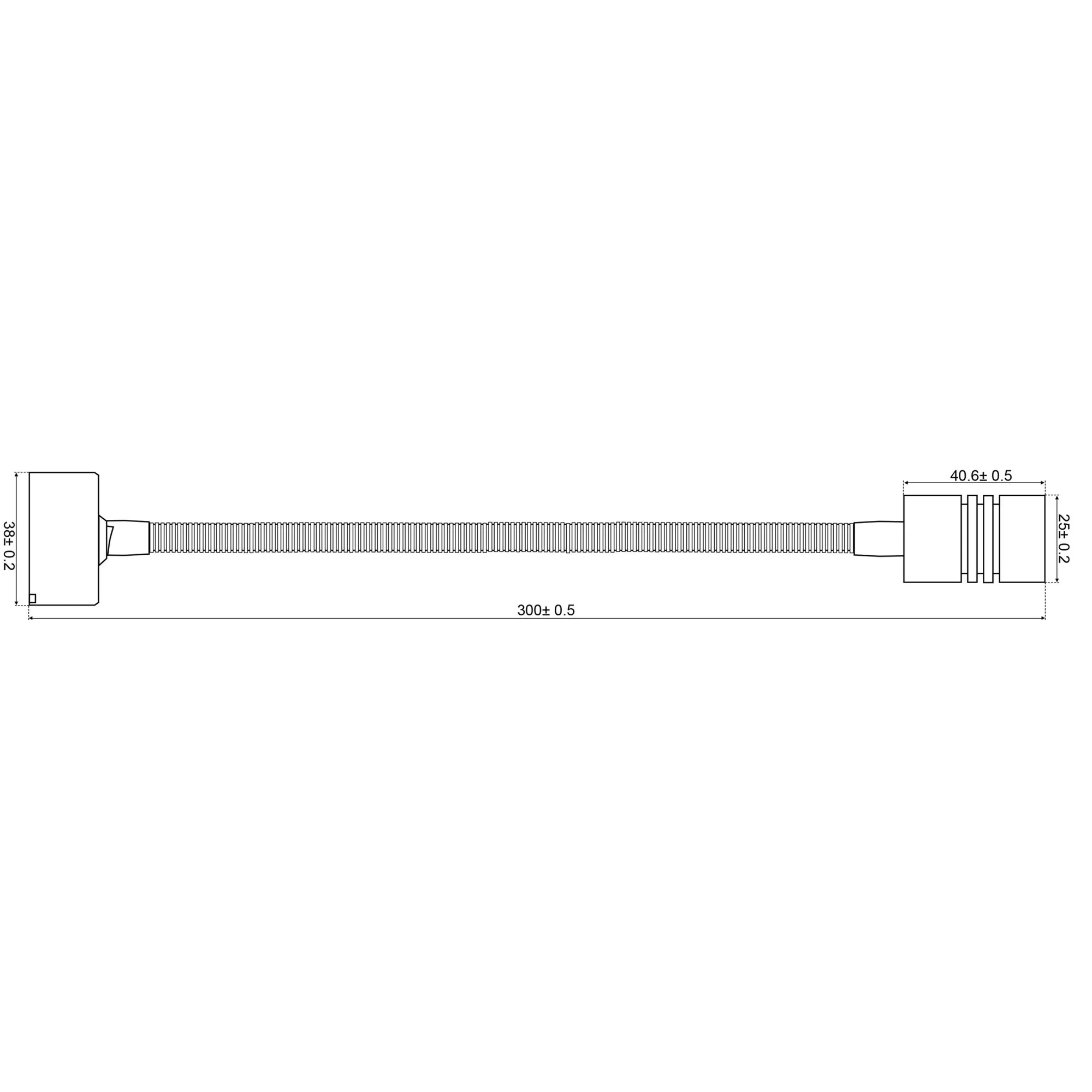 Bemaßte technische Zeichnung der Aufbauleuchte Schwanenhals LED 1x2SSH22S mit rechteckigem Gehäuse, Flexarm und Leuchtenkopf