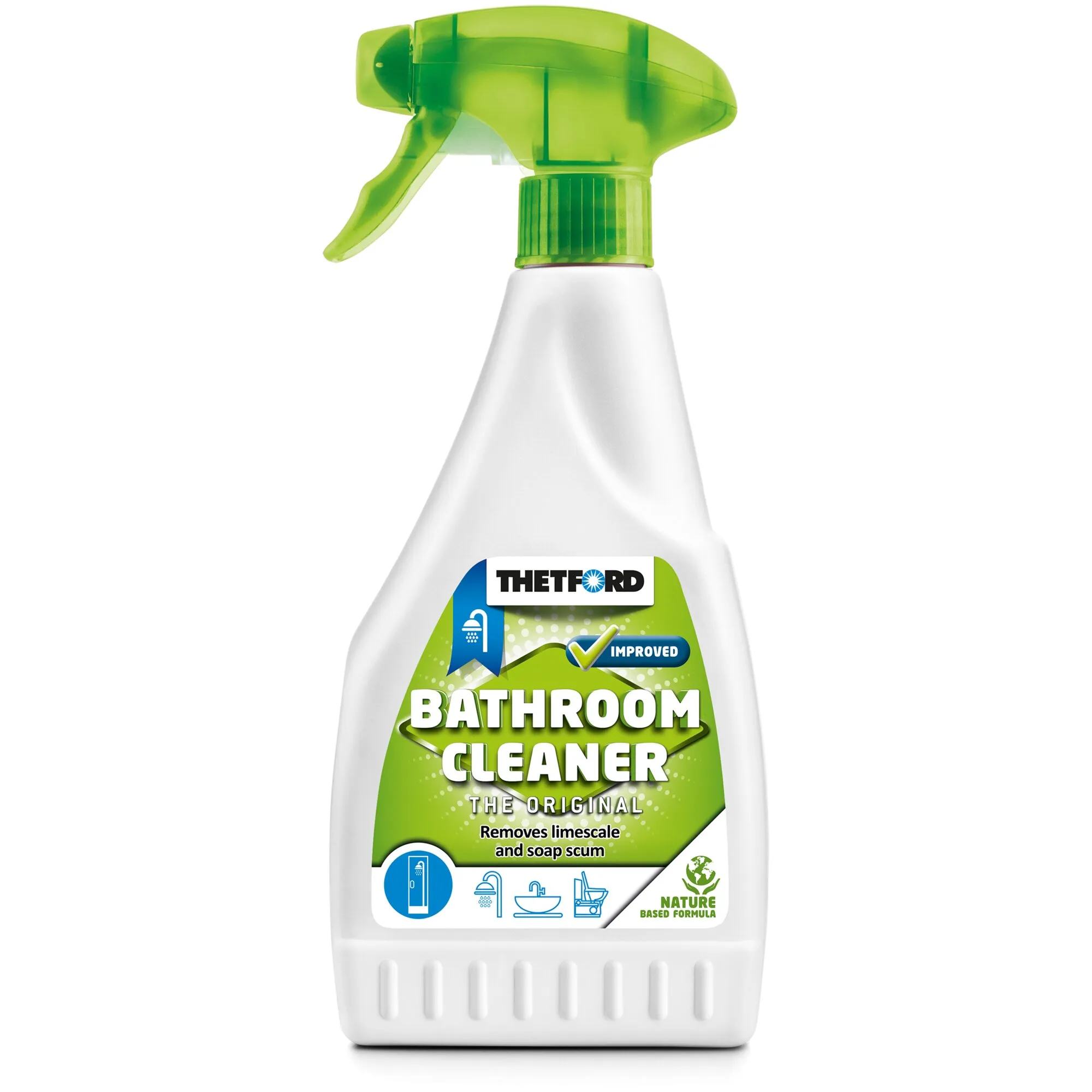 Thetford Bathroom Cleaner, weißer Badreiniger in Sprühflasche mit grünem Sprühkopf und Etikett zur Kalkentfernung
