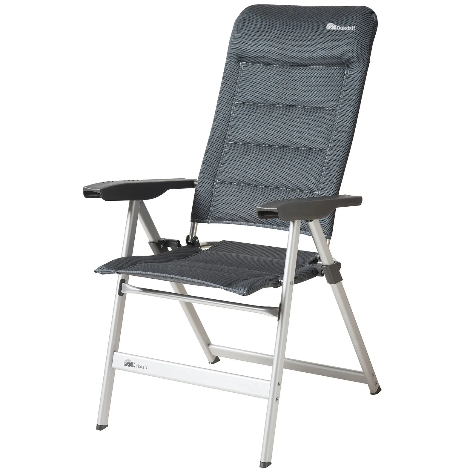 Campingstuhl Brillante 8800 Heated von Dukdalf mit dunkelgrauem Netzgewebe, Armlehnen und silbernem Klappgestell