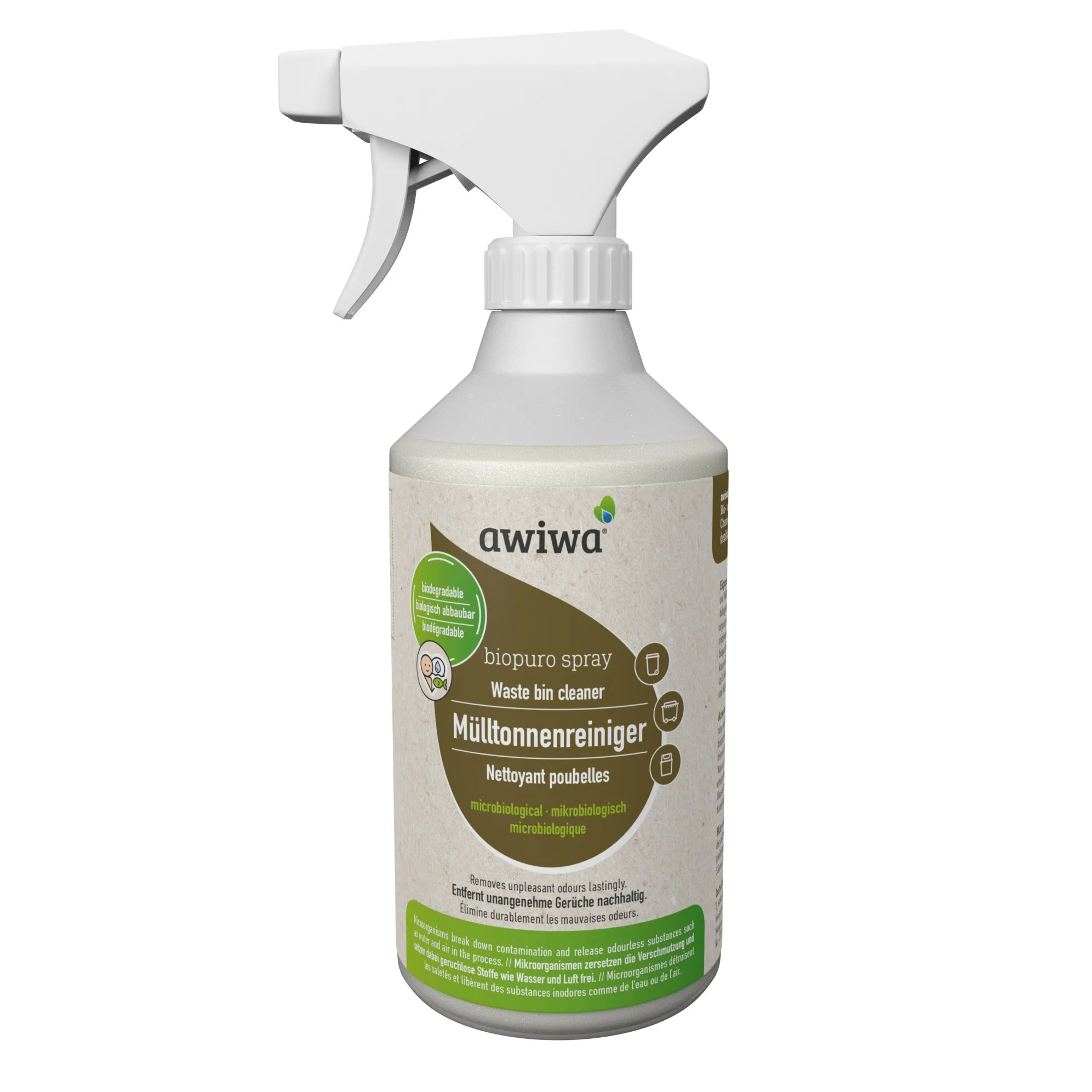 Weiße Sprühflasche von awiwa mit braun-grünem Etikett „biopuro spray Mülltonnenreiniger“ und Sprühkopf