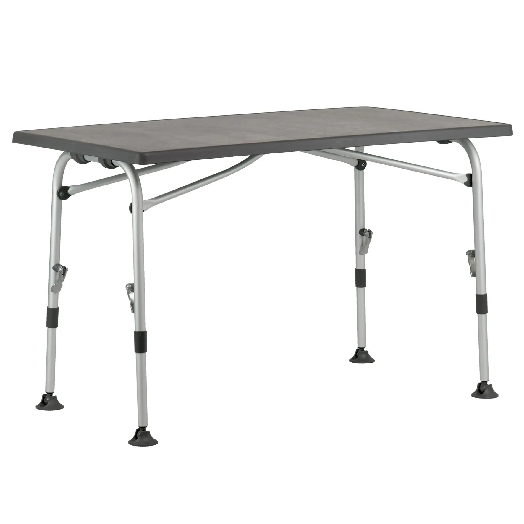 Campingtisch Superb, 80 cm, mit grauer Tischplatte, vier silbernen Beinen und verstellbaren Füßen