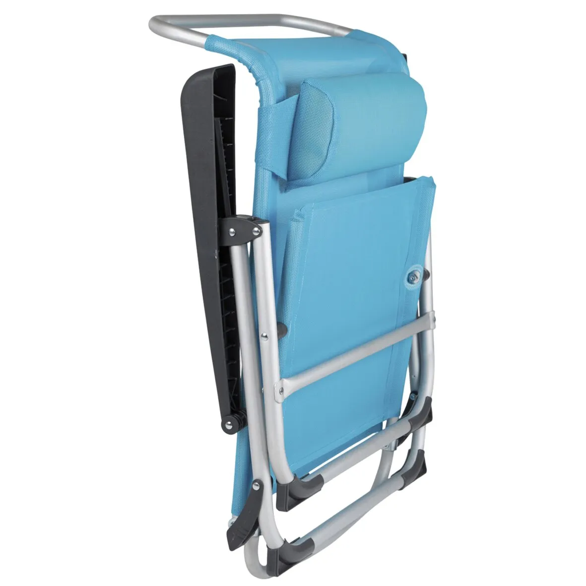 Zusammengeklappter hellblauer Strandstuhl Saint-Tropez mit silbernem Aluminiumgestell, Armlehnen und verstellbarer Rückenlehne