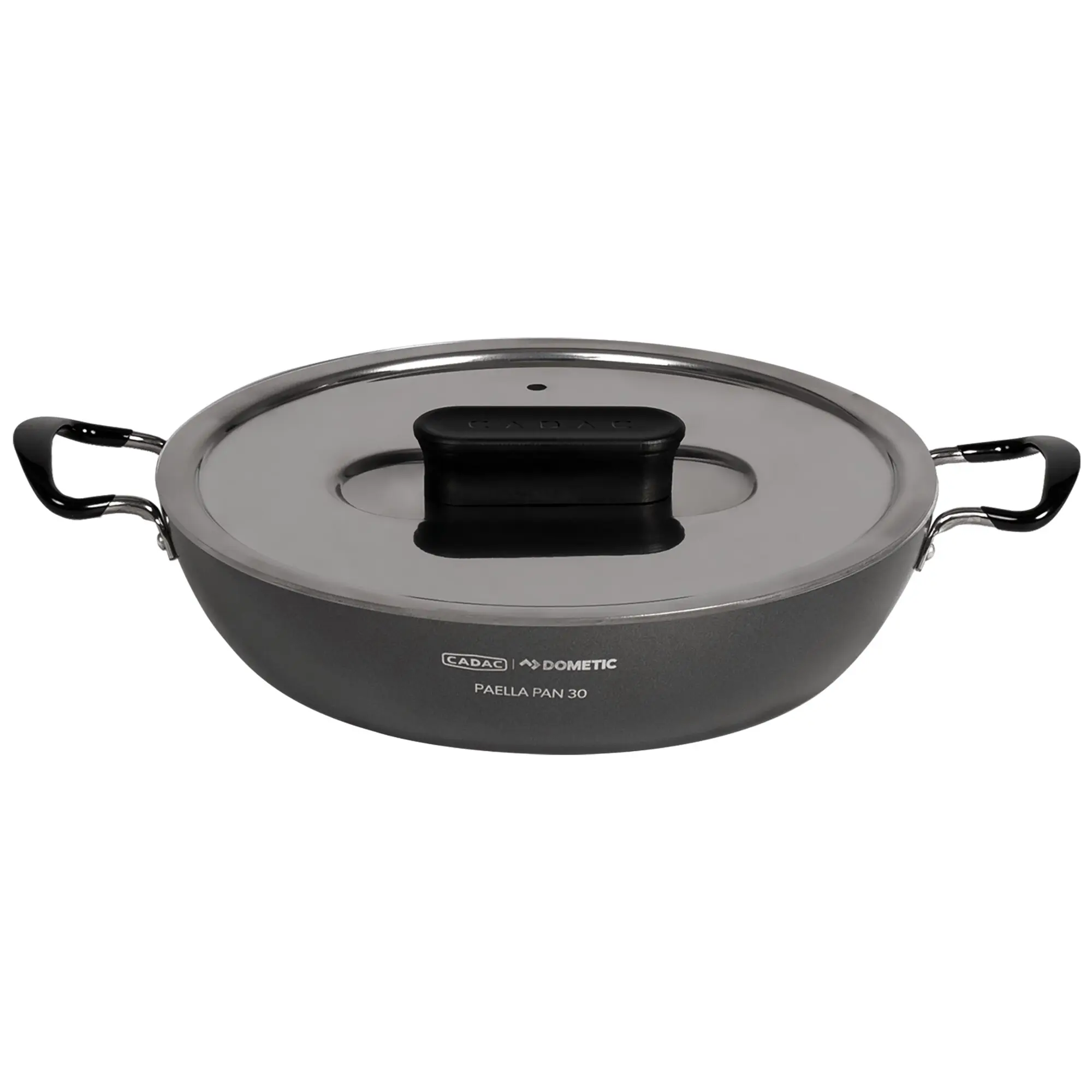 Runde schwarze Paellapfanne mit Glasdeckel, zwei seitliche Metallgriffe und glänzendem Rand; Aufdruck CADAC DOMETIC PAELLA PAN 30 am Rand