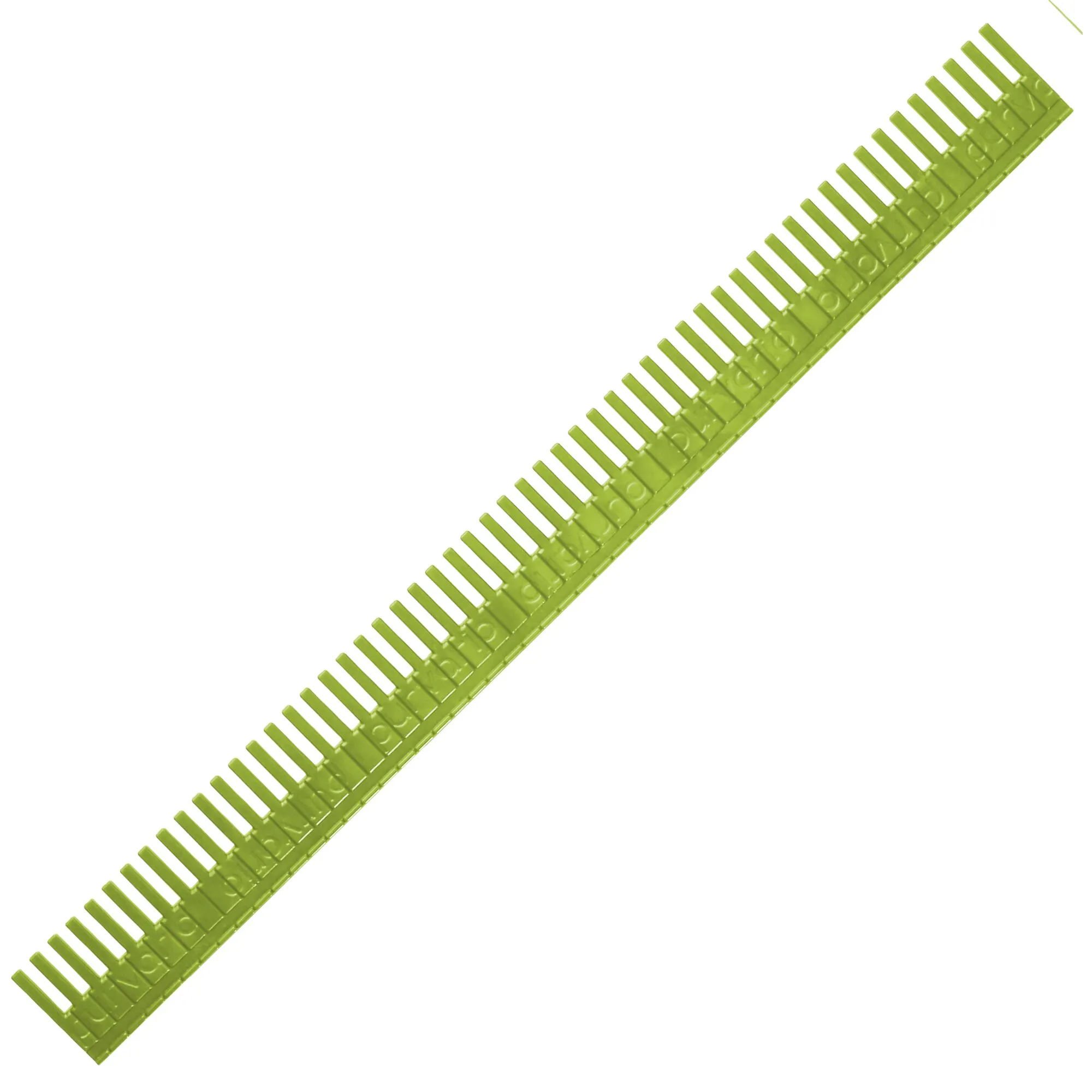 Limefarbene Stauleiste für Kühlschränke aus Kunststoff mit regelmäßig angeordneten senkrechten Haltestäben, diagonal auf weißem Hintergrund dargestellt