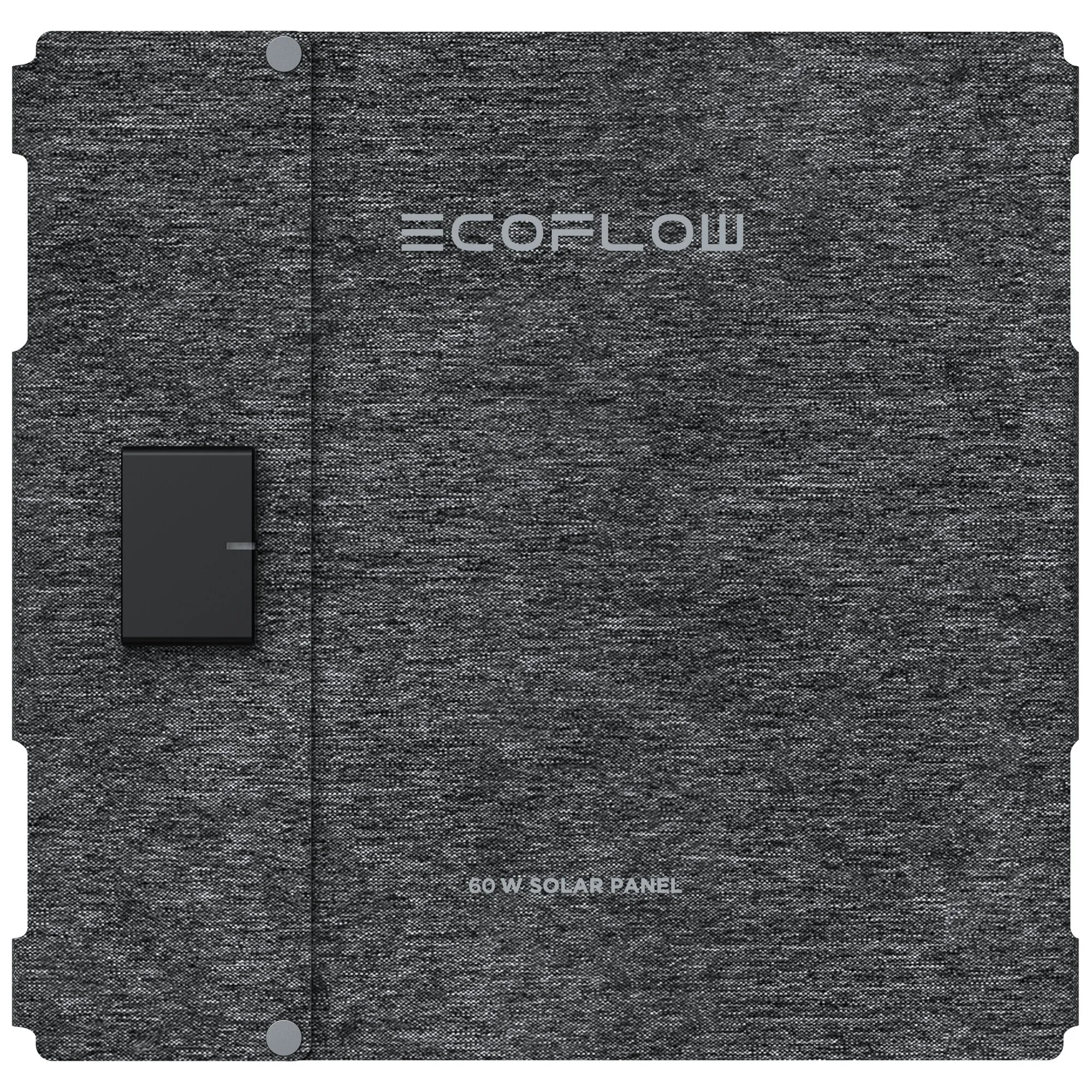 Aufgeklapptes schwarzes faltbares EcoFlow-Solarmodul mit 60 W Leistung, sichtbarer Faltnaht, Befestigungspunkten und Anschlussbox