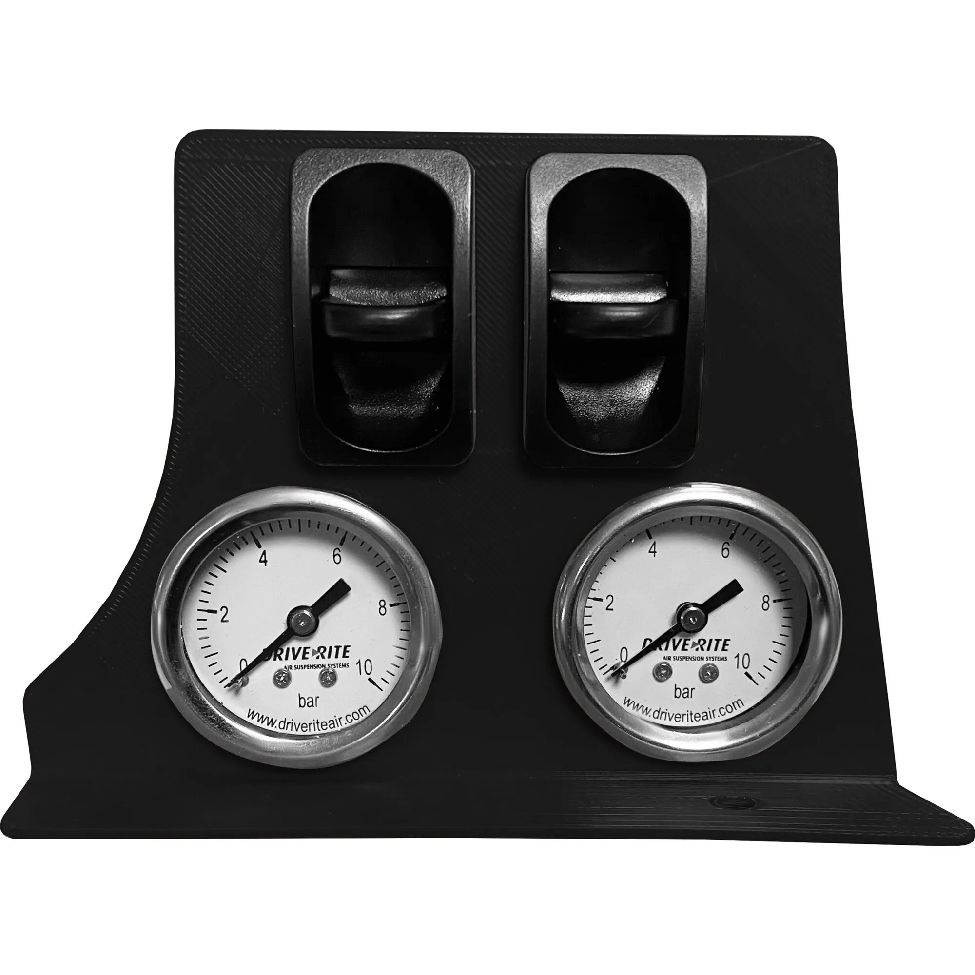 Schwarzes Bedienpanel des Airlift-Maxi-Luftfedersystems mit zwei Druckreglern und zwei DriveRite-Manometern bis 10 bar