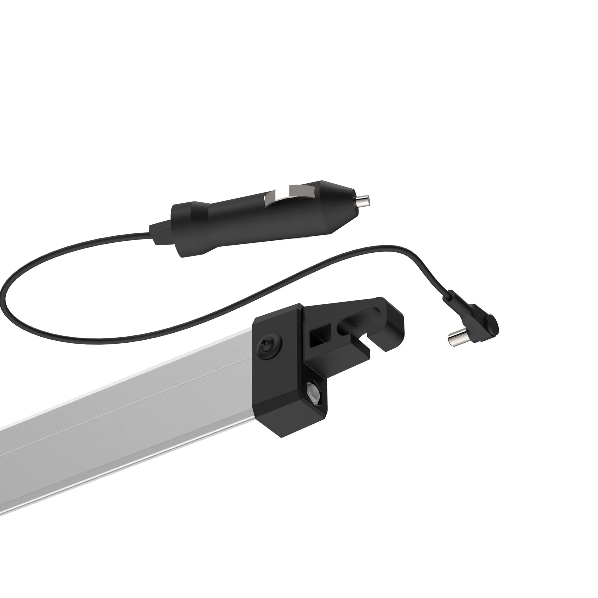 Schwarze LED-Spannstange Rafter für CaravanStore ZIP mit Kabel, Steckverbindung und Halterung an einer silbernen Schiene