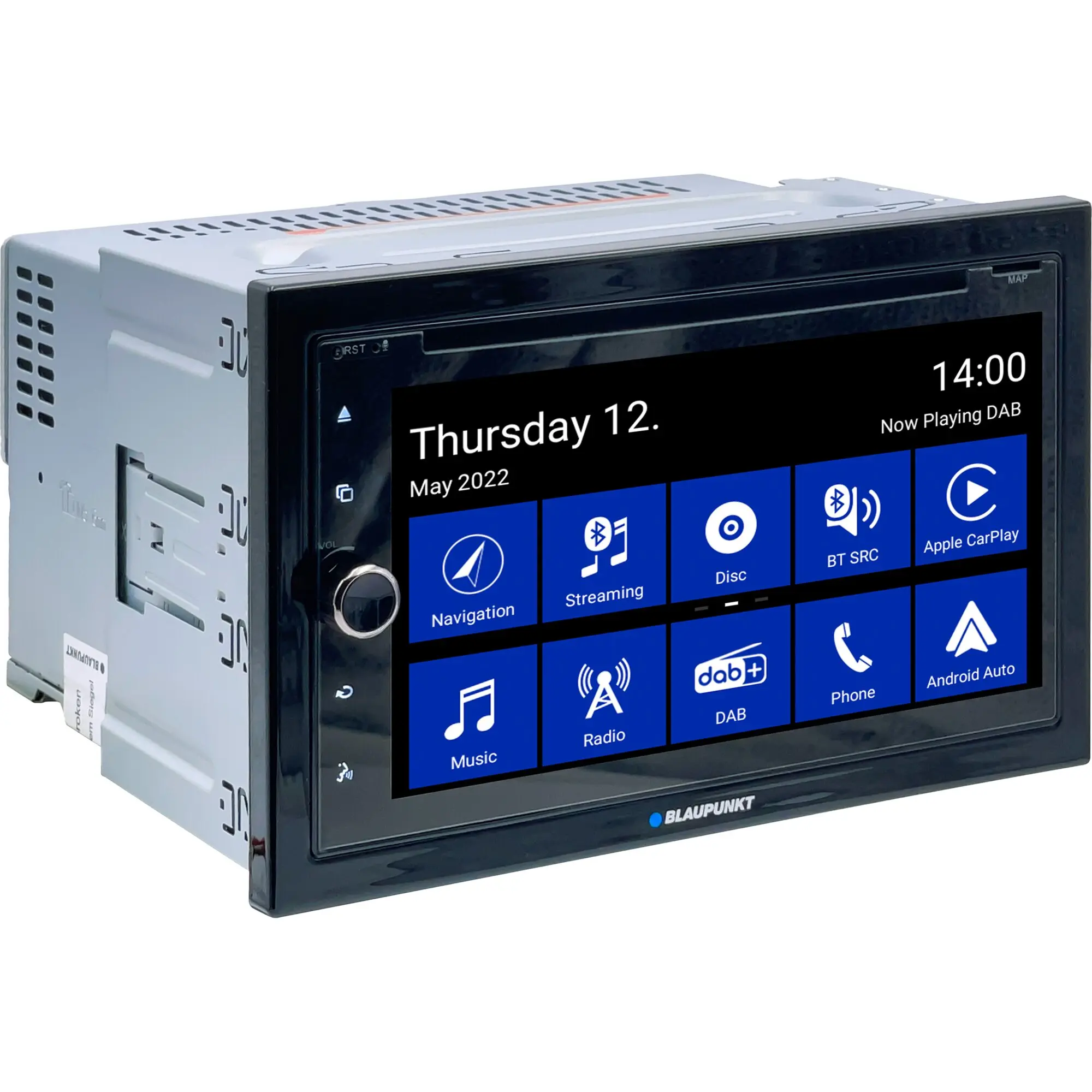 Navigationssystem Blaupunkt Camper 700 DAB mit großem Touchscreen, schwarzer Rahmen, blaue App-Symbole, seitliches Metallgehäuse und Blaupunkt-Logo unten