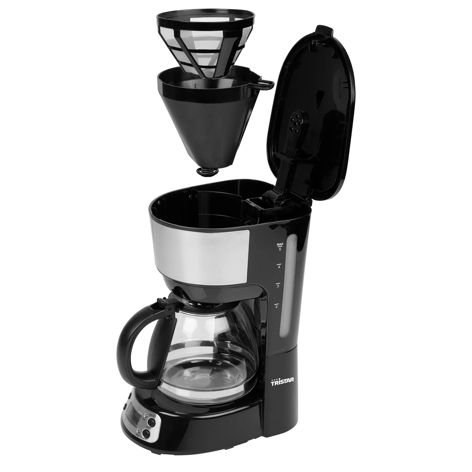 Kaffeemaschine CM-1284 mit geöffnetem Deckel, Filterkorb und Glaskanne; schwarzes Gehäuse, Wasserstandsanzeige und TRISTAR-Logo