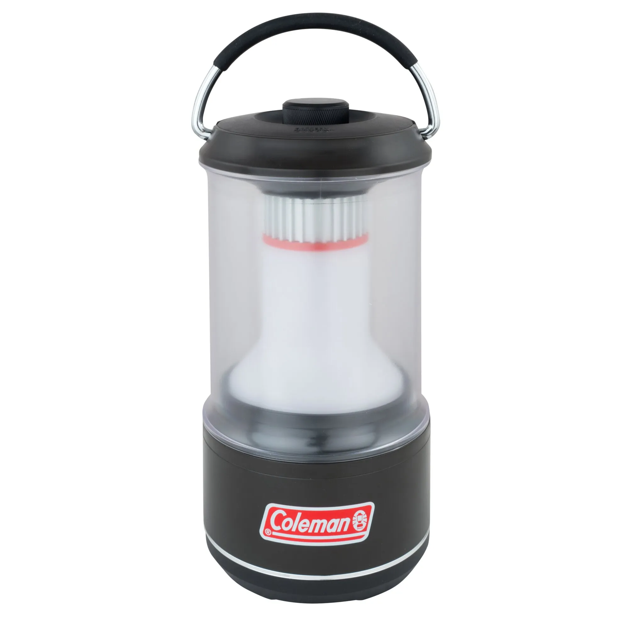 Schwarze Coleman BatteryGuard LED-Laterne mit transparentem Leuchtkörper, Tragebügel und rotem Coleman-Logo, 600 Lumen