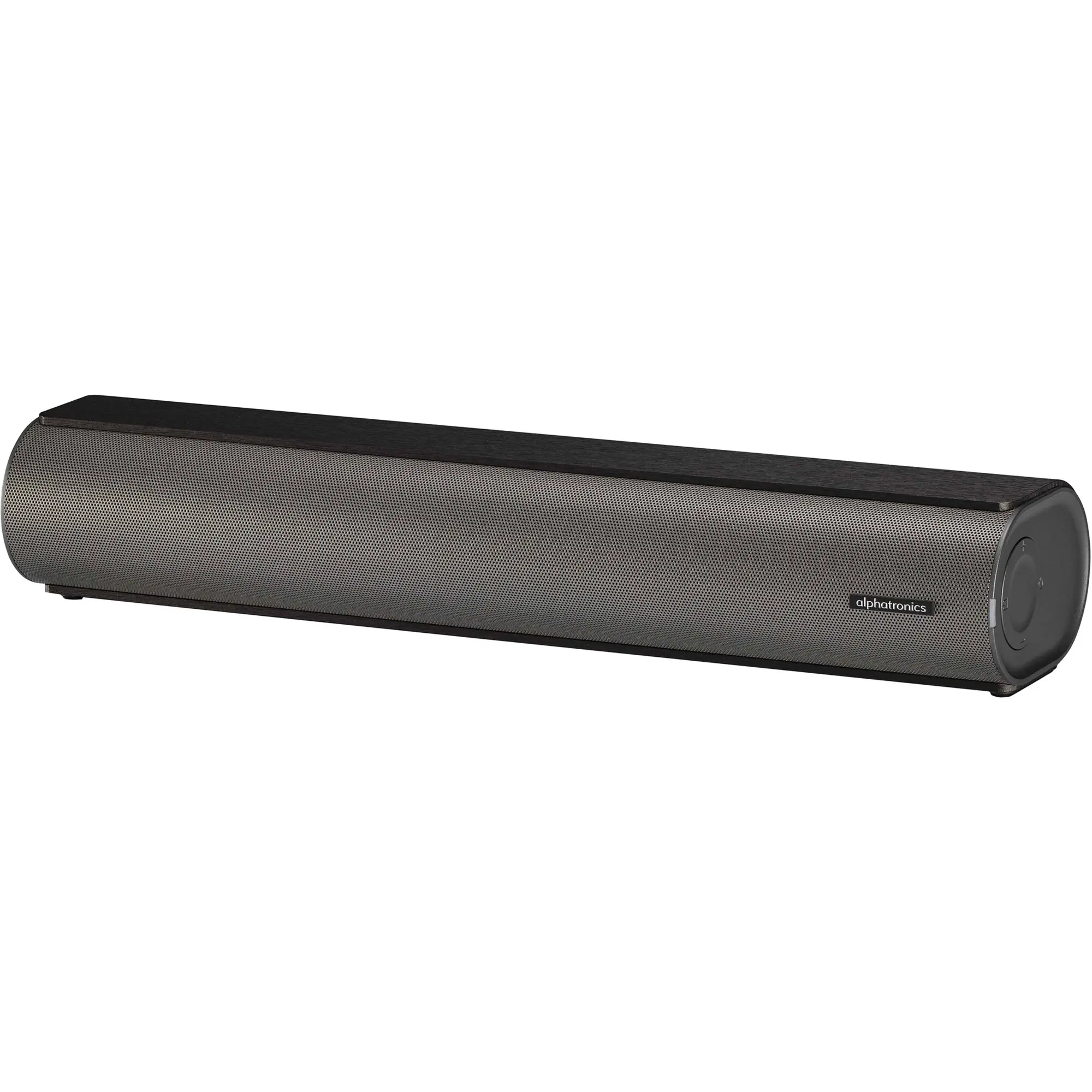 Langgestreckte schwarze Soundbar mit perforierter Frontgitter, dunkler Holzoptik oben und alphatronics-Logo auf der rechten Frontseite