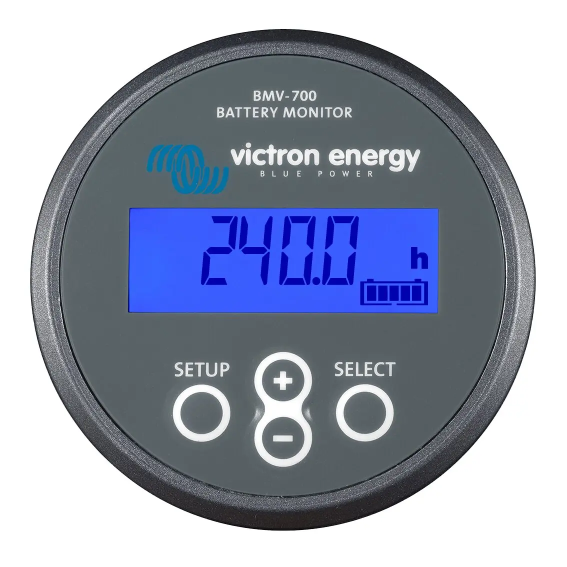 Runder BMV-700 Batterie-Monitor mit grauem Gehäuse und blauem Display; zeigt 240.0 h, drei Tasten SETUP, Plus/Minus und SELECT