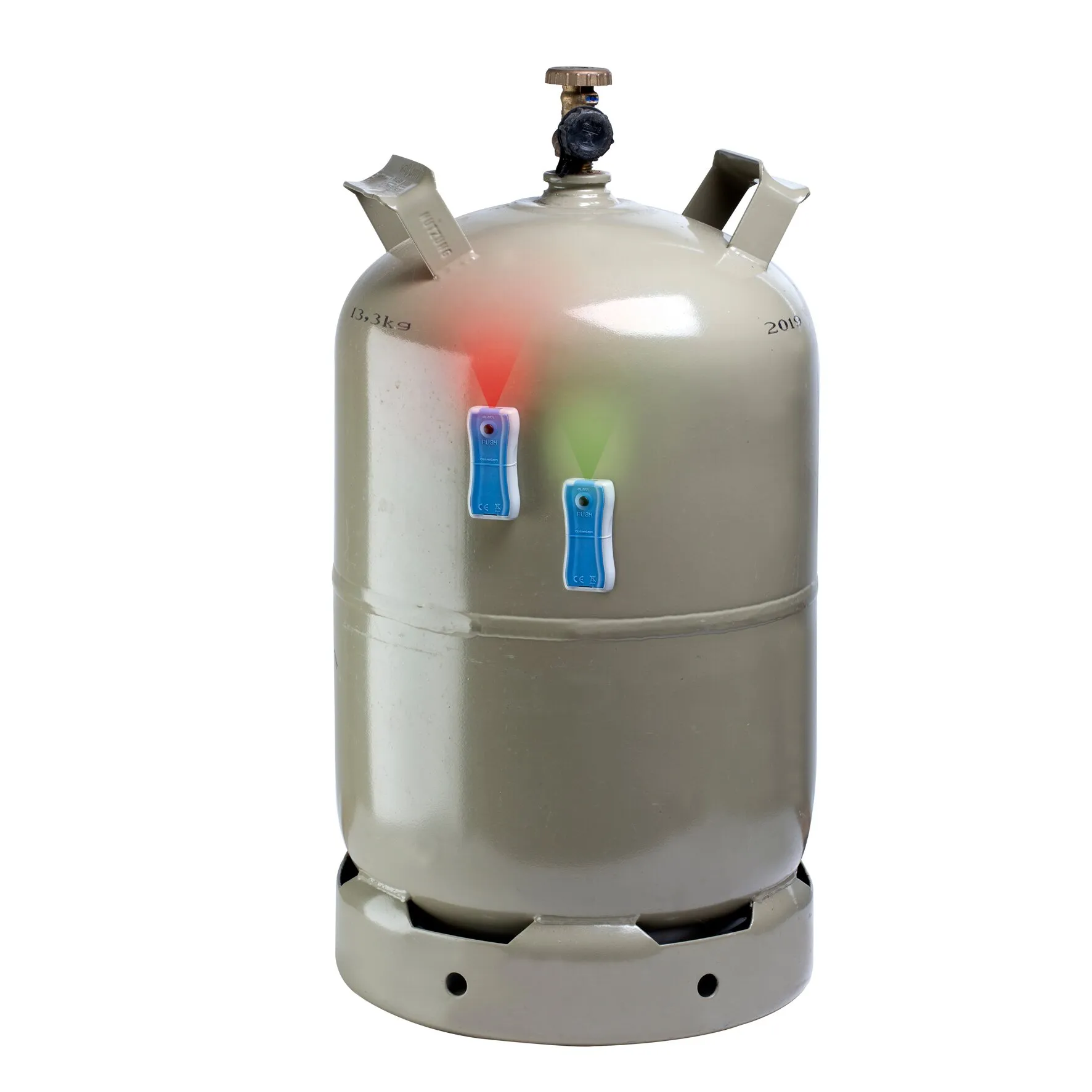 Beige Gasflasche mit Ventil und zwei blauen Gaslevel-Füllstandsanzeigen, ergänzt durch rote und grüne Markierungen