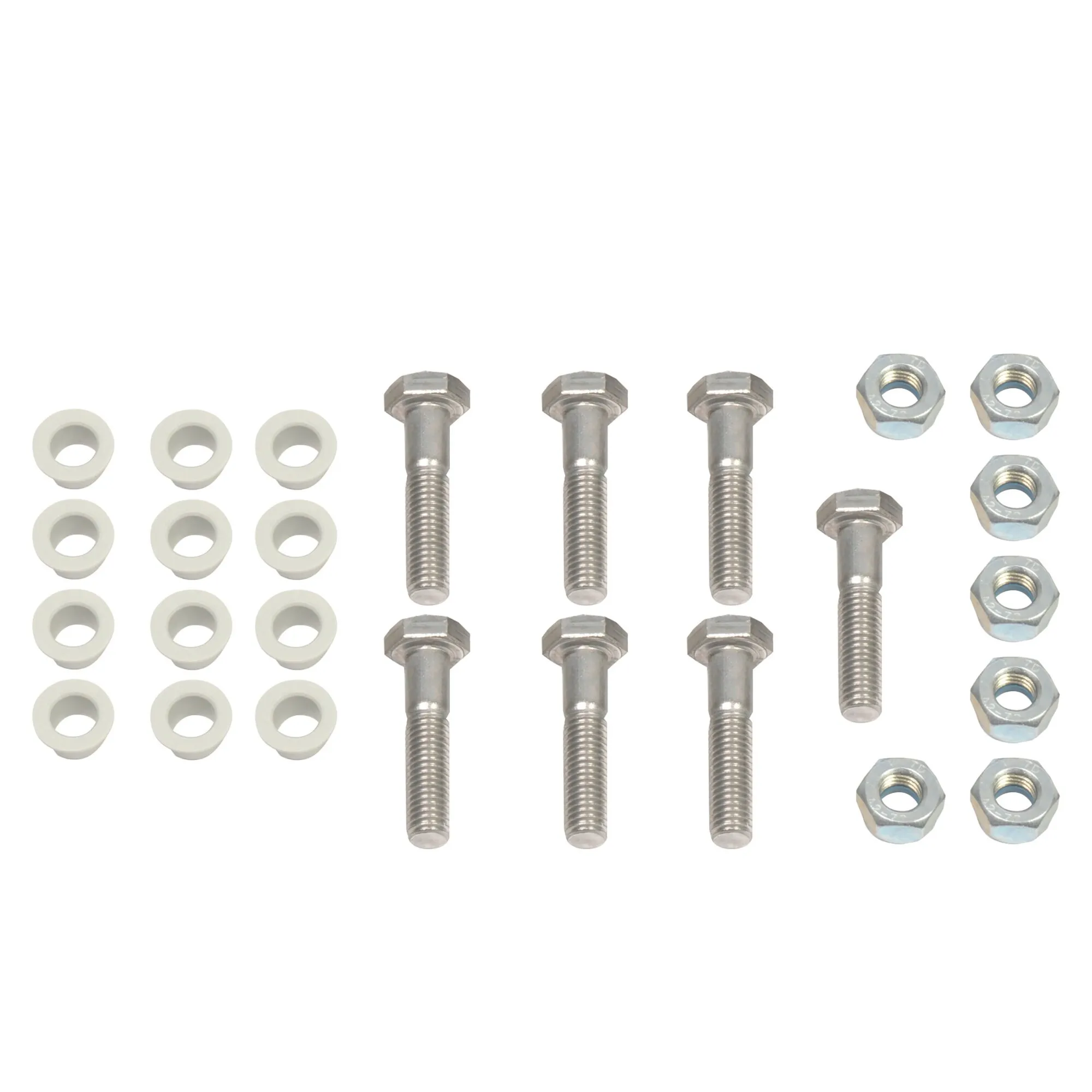 Bolzensatz Thule Double Step 12V Alu mit sechs silbernen Schrauben, zwölf Muttern und zwölf weißen Unterlegscheiben