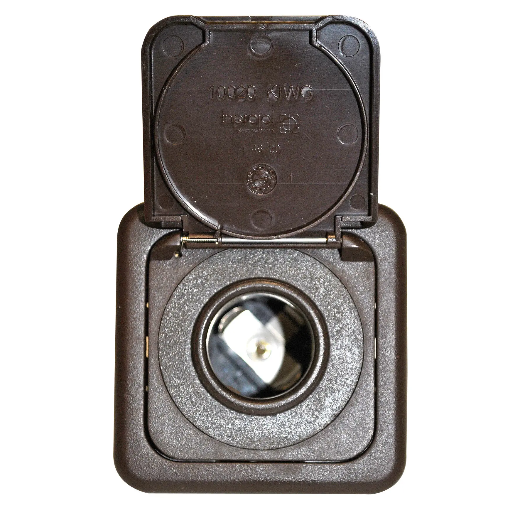 Braune 12-V-Steckdose mit geöffnetem Deckel, rechteckiges Gehäuse, sichtbare runde Steckbuchse mit Metallkontakt innen