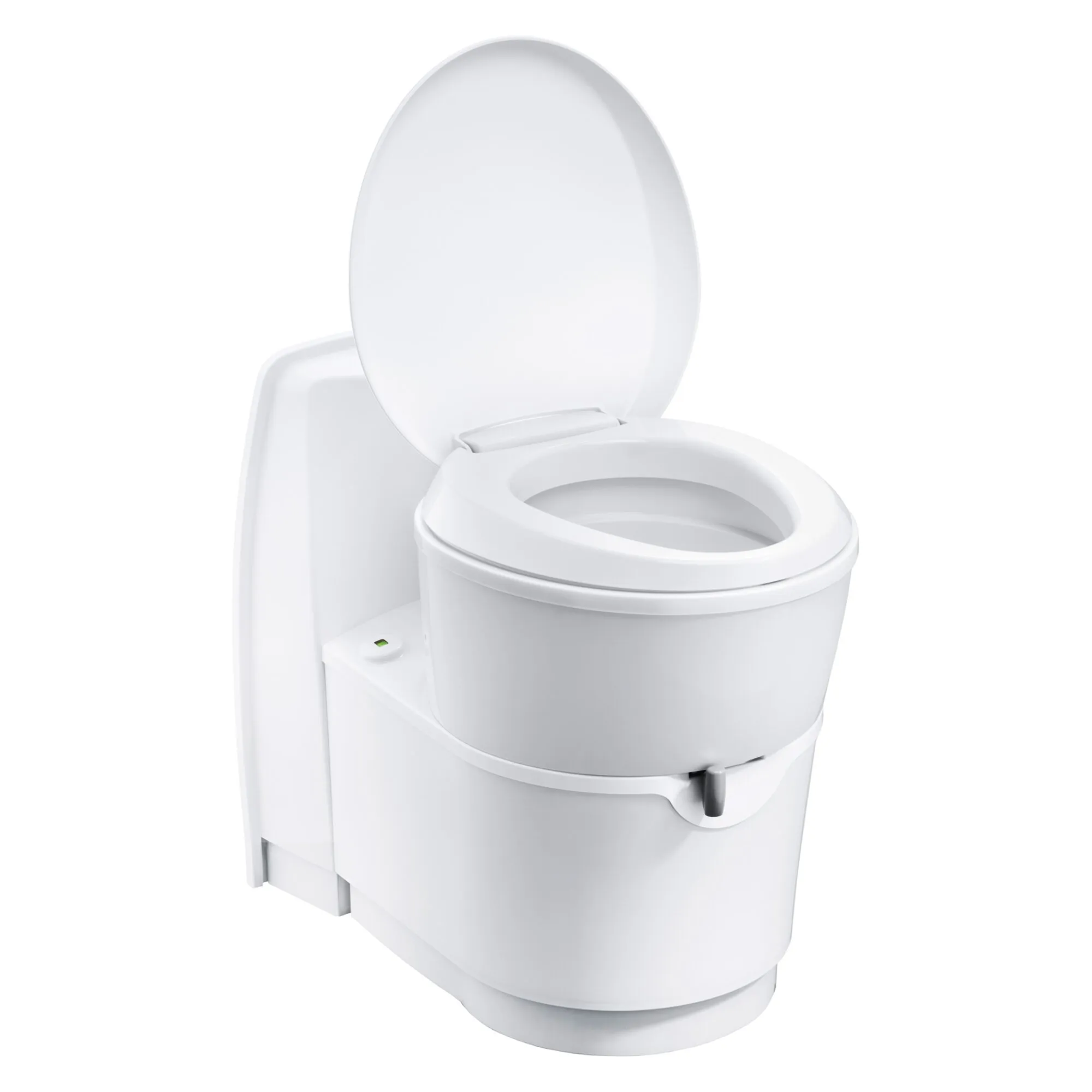Weiße Cassettentoilette C220 Typ C223-CS mit geöffnetem Deckel und sichtbarer Toilettenschüssel in Frontansicht