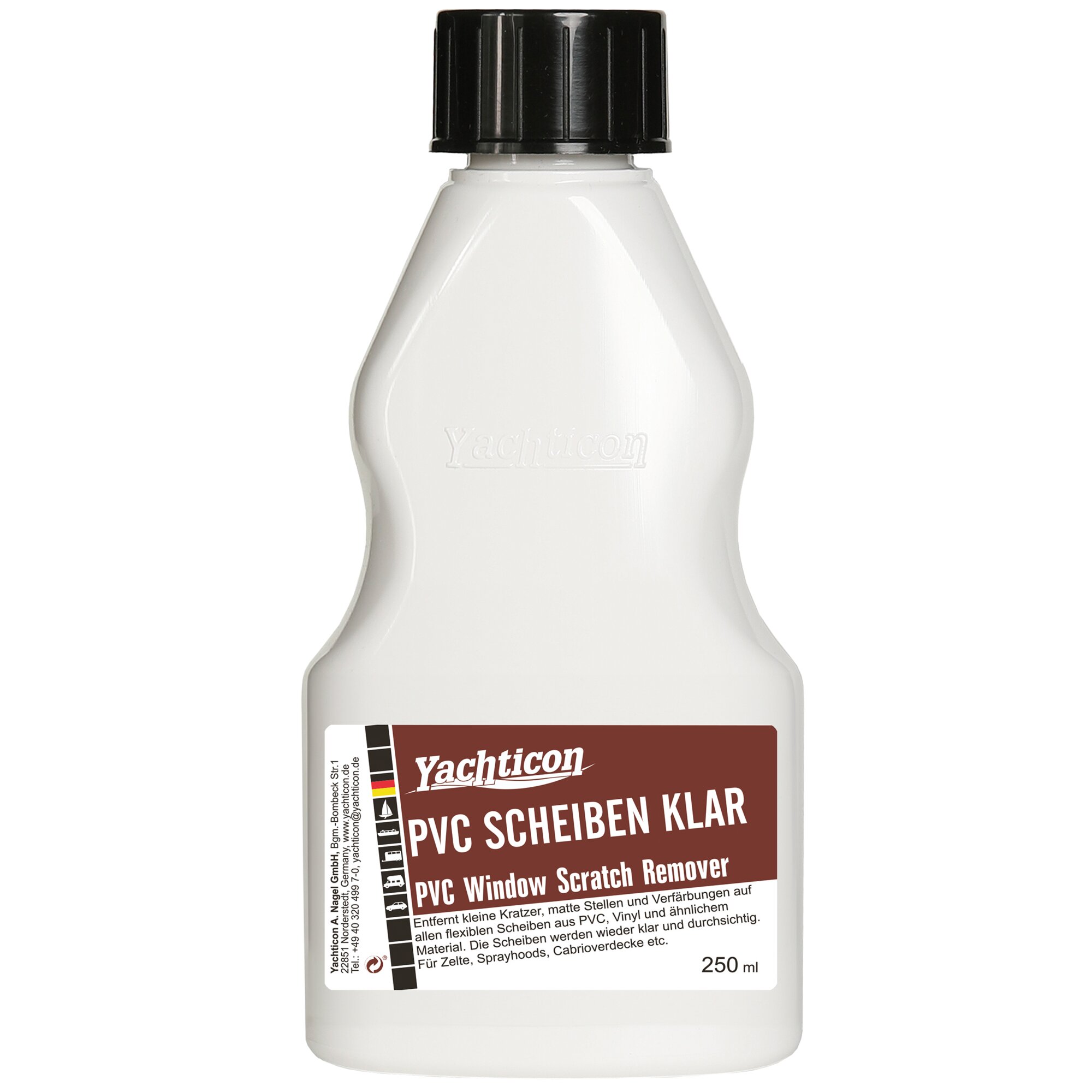 Weißer Kunststoffbehälter mit schwarzer Schraubkappe, Etikett zeigt Yachticon PVC Scheiben Klar und 250 ml