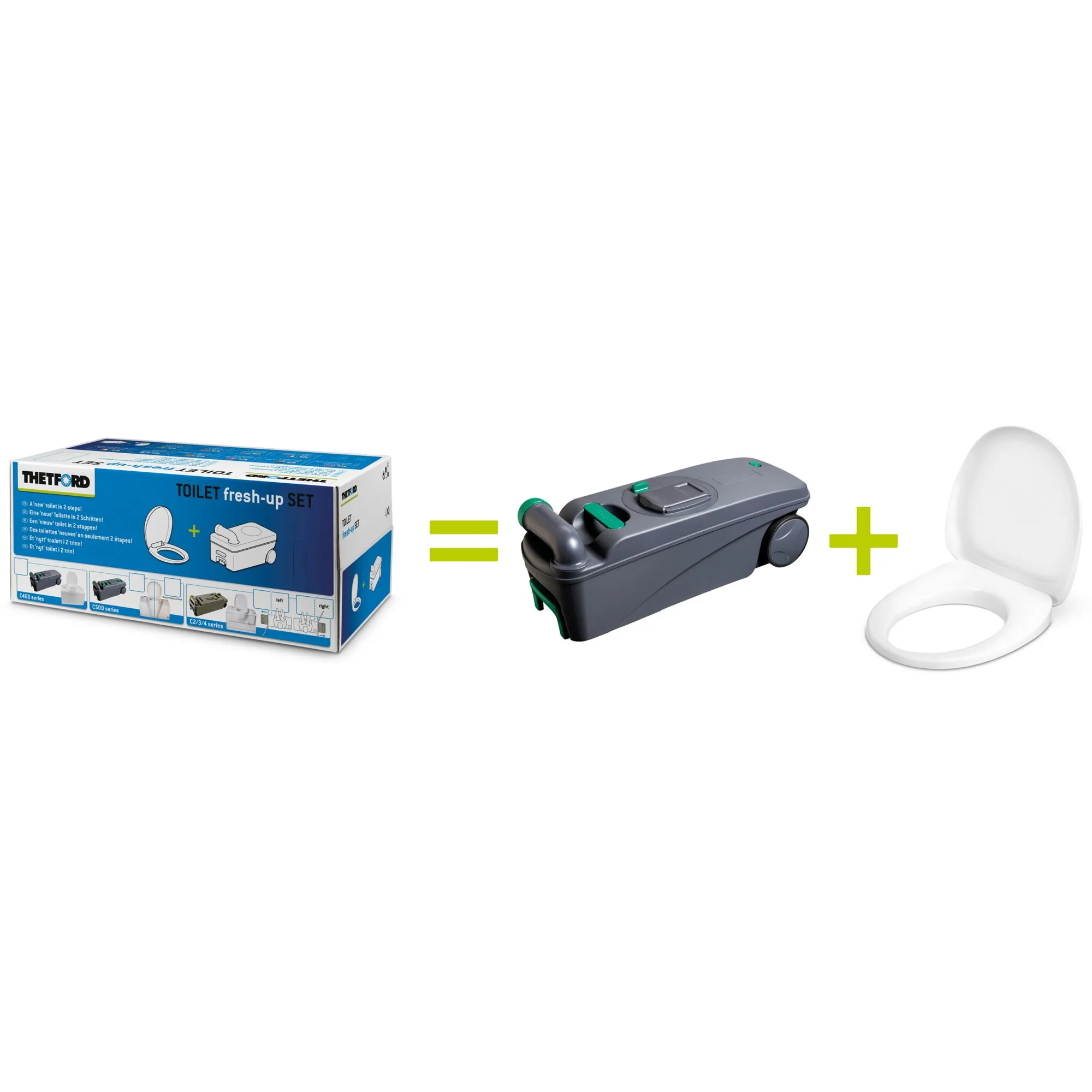 Thetford Fresh-Up-Set für Campingtoiletten der C400-Serie mit grauer Fäkalienkassette und weißem Toilettensitz neben der Verpackung