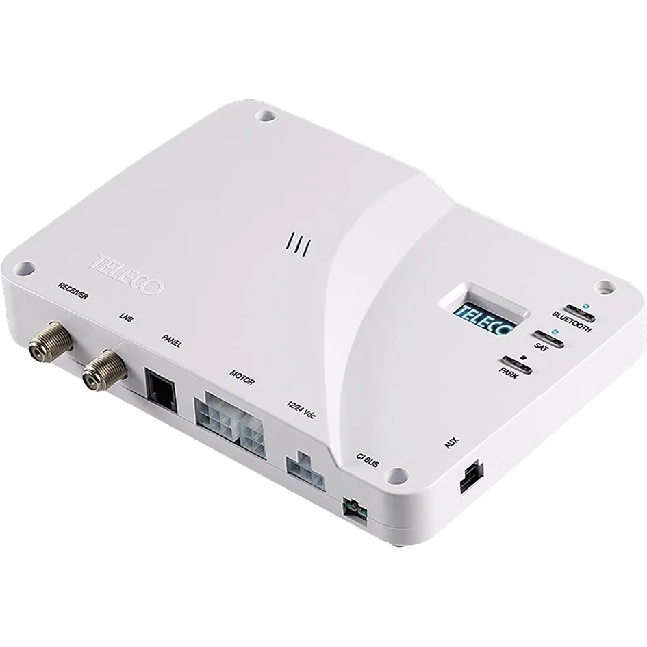 Weiße Teleco FlatSat Classic Twin Sat-Anlage mit sichtbaren Anschlüssen, Tasten und Bluetooth-Anzeige in schräger Draufsicht