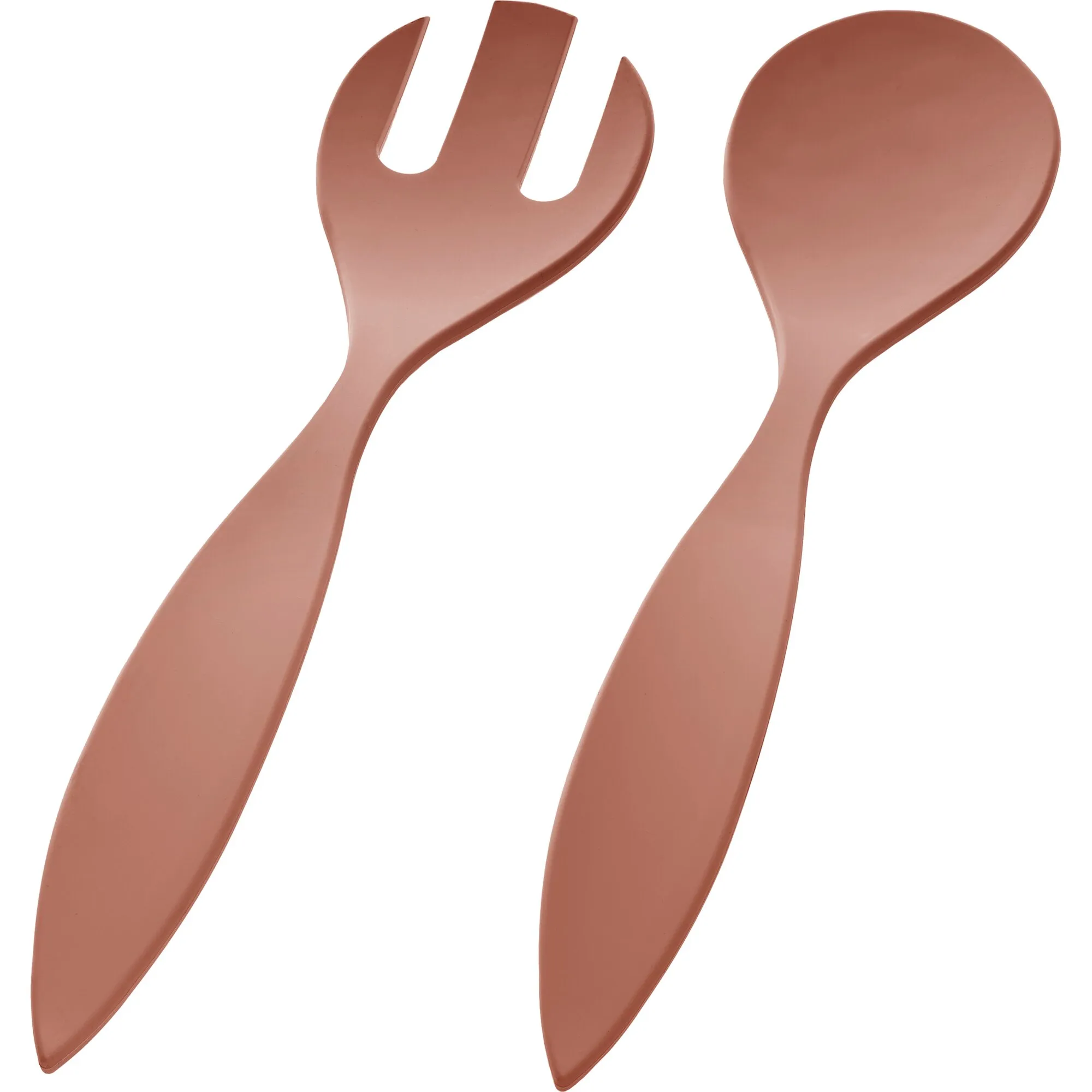 Terracottafarbenes Salatbesteck aus Salatgabel und Salatlöffel mit breiten, ergonomisch geformten Griffen