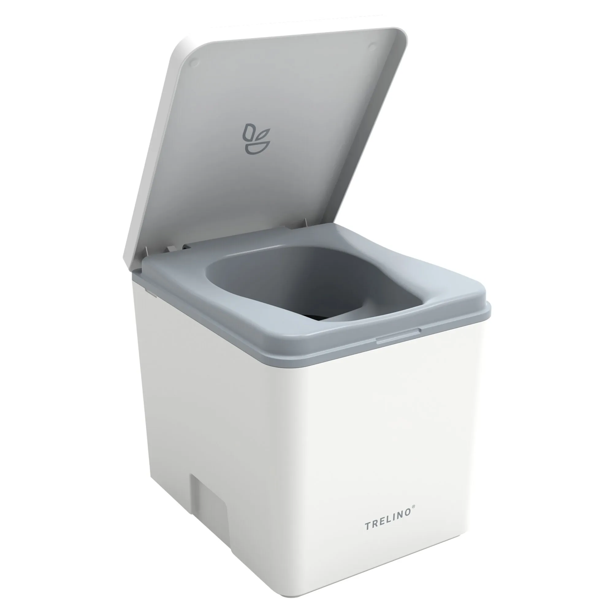 Weiße Trenntoilette Trelino® Evo M in perspektivischer Ansicht mit geöffnetem Deckel und sichtbarer Trennöffnung