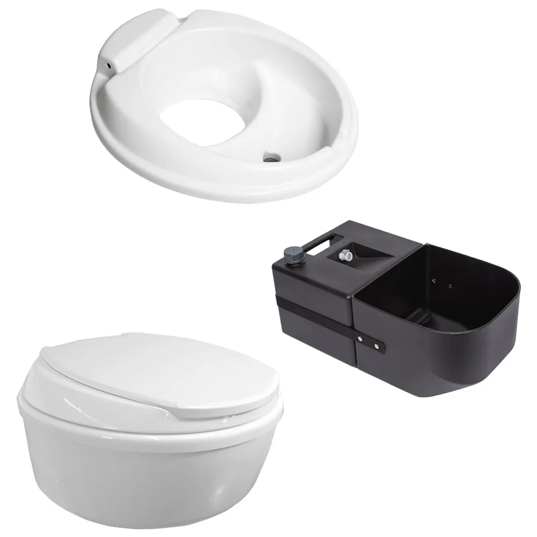 Umbausatzbestandteile für Kassettentrenntoilette: weißer runder Montagering, weißer Toilettensitz mit Deckel und schwarzes Kunststoffmodul