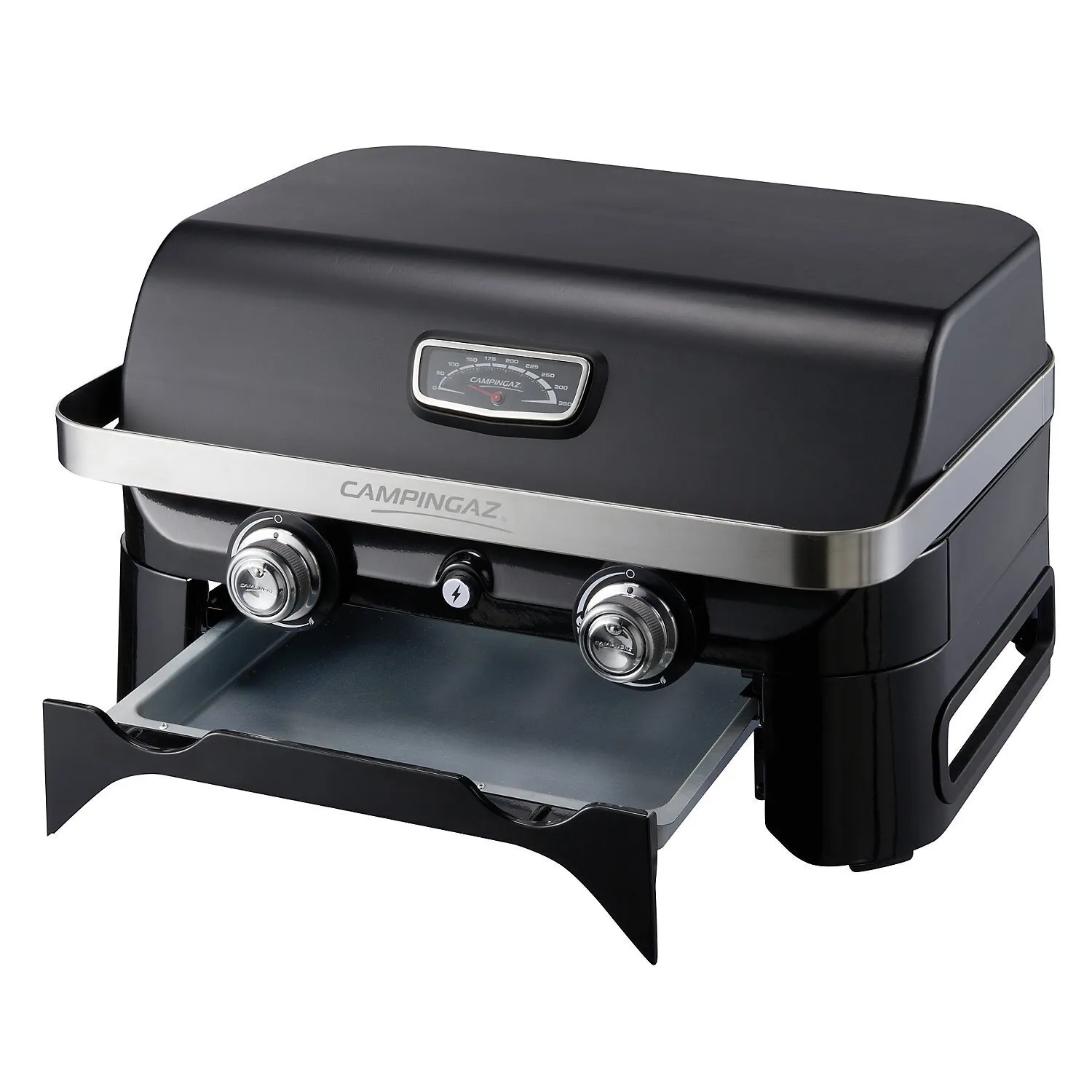 Schwarzer Campingaz Tischgrill Attitude 2100 LX mit geschlossenem Deckel, Thermometer, zwei Bedienknöpfen und herausgezogener Fettauffangschale