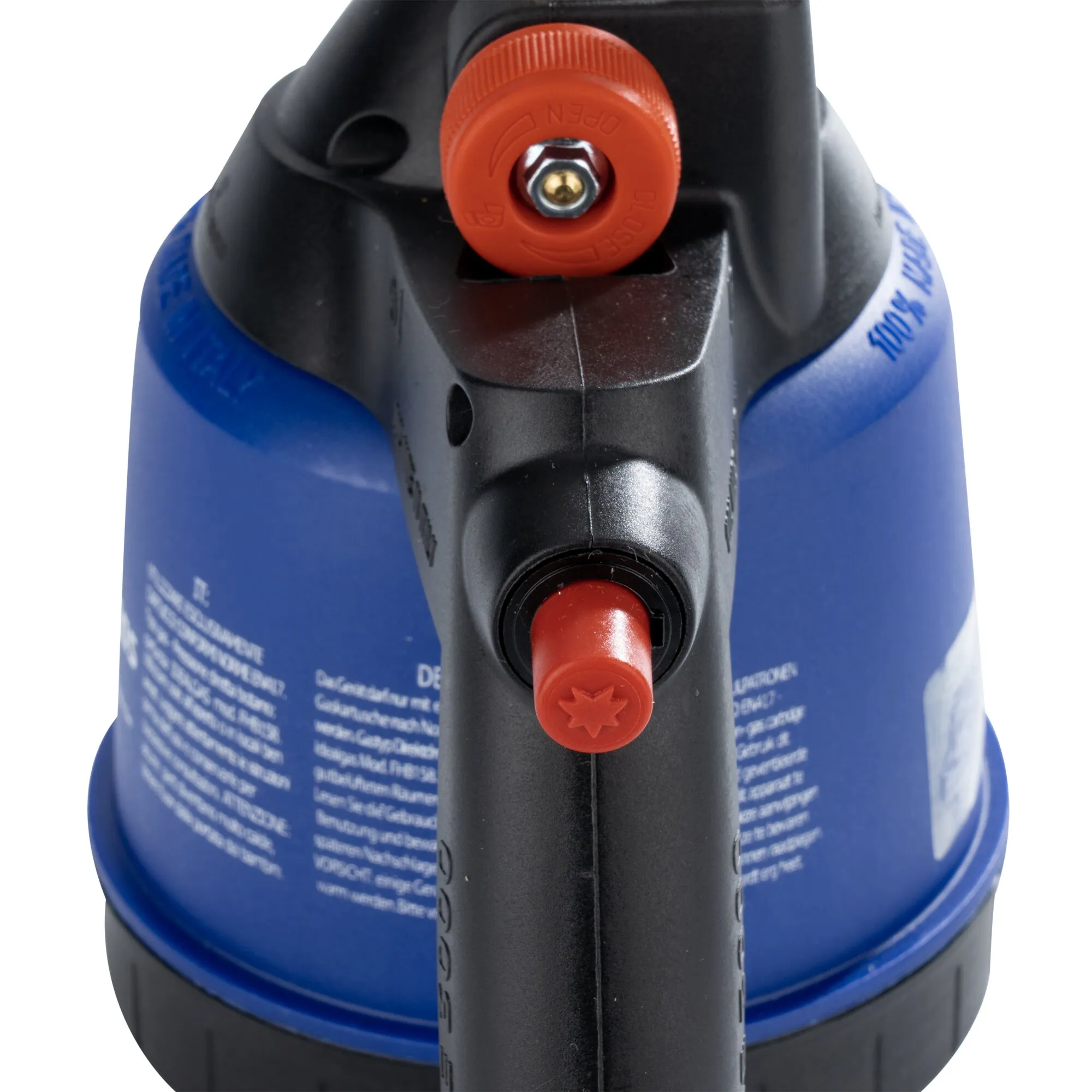 Detailaufnahme des schwarzen Campingkochers Vulcan 3000 mit blauem Gaskartuschenbehälter und roten Drehreglern