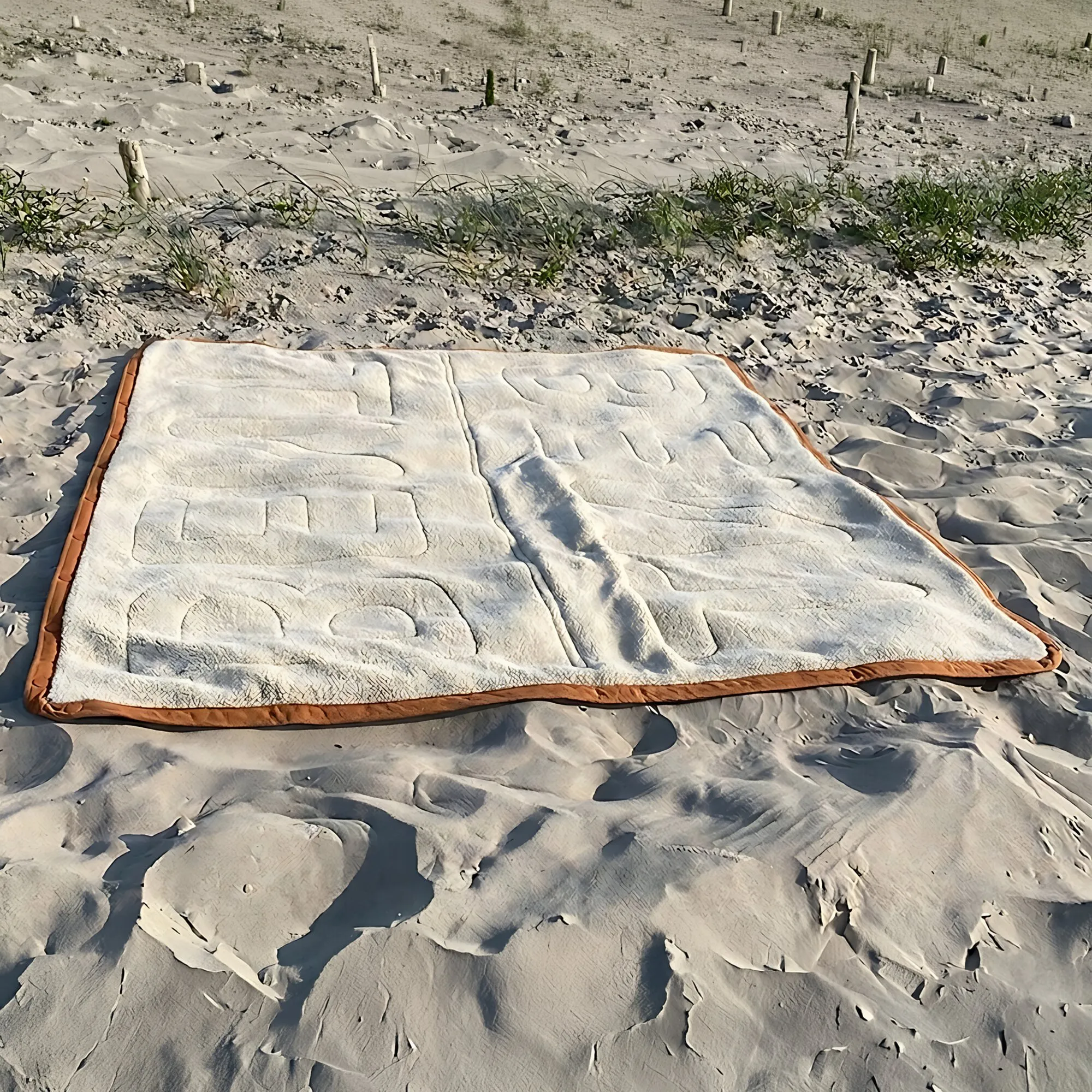 Auf Sand ausgebreiteter Vanlife-Schlafsack Bentcho im Leo-Design mit cremefarbener Polsterung und braunem Rand