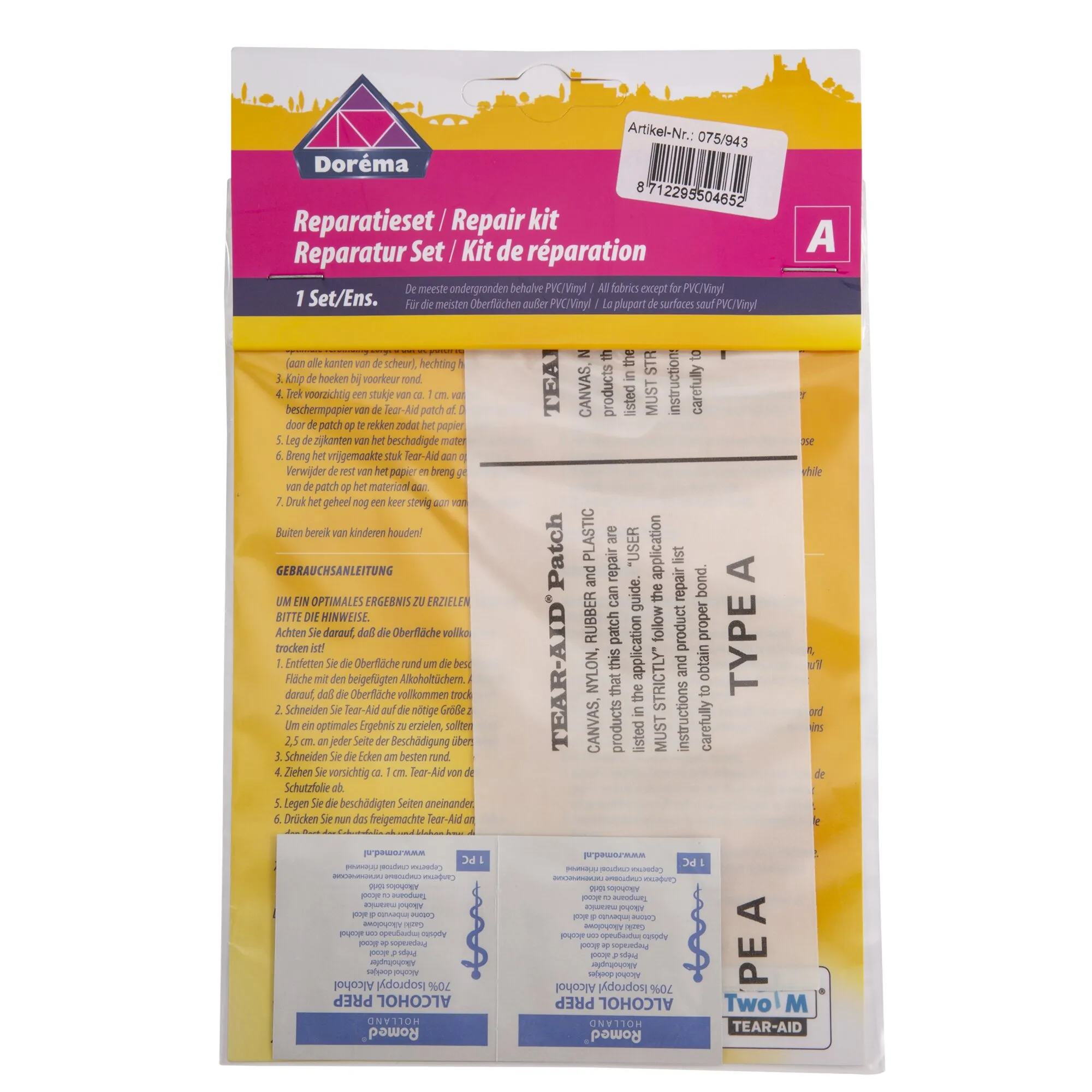 Doréma Tear-Aid Reparaturset Typ A in Verpackung mit transparentem Reparaturband, Anleitung und zwei Alkoholtupfern