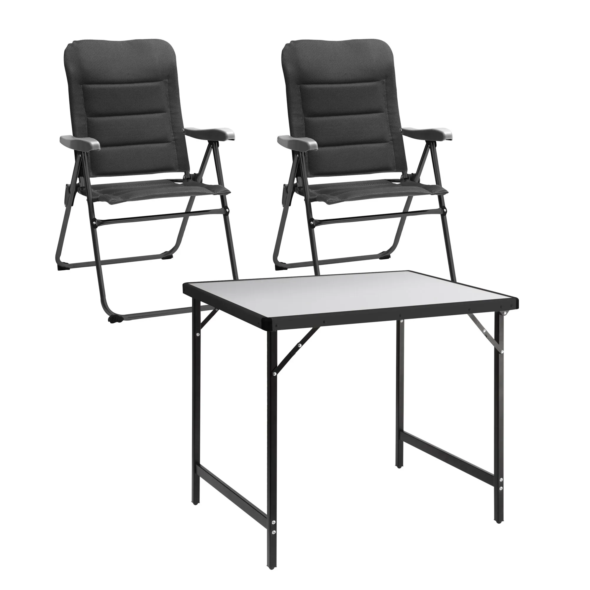Stuhl-/Tischset Compact mit zwei schwarzen Klappstühlen und rechteckigem Tisch mit heller Platte und schwarzem Gestell