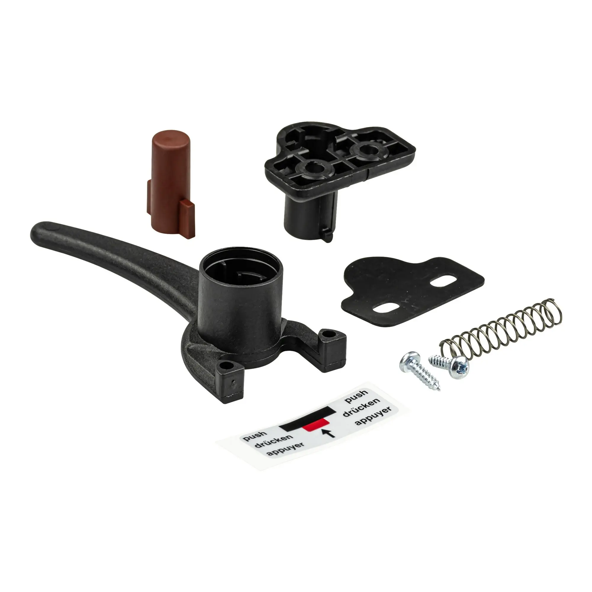 Schwarzes Kunststoff-Drehriegel-Komplettset mit Basisstück, schwarzem Arm, braunem Stift, Feder, Schrauben, Unterlegscheiben und Aufkleber