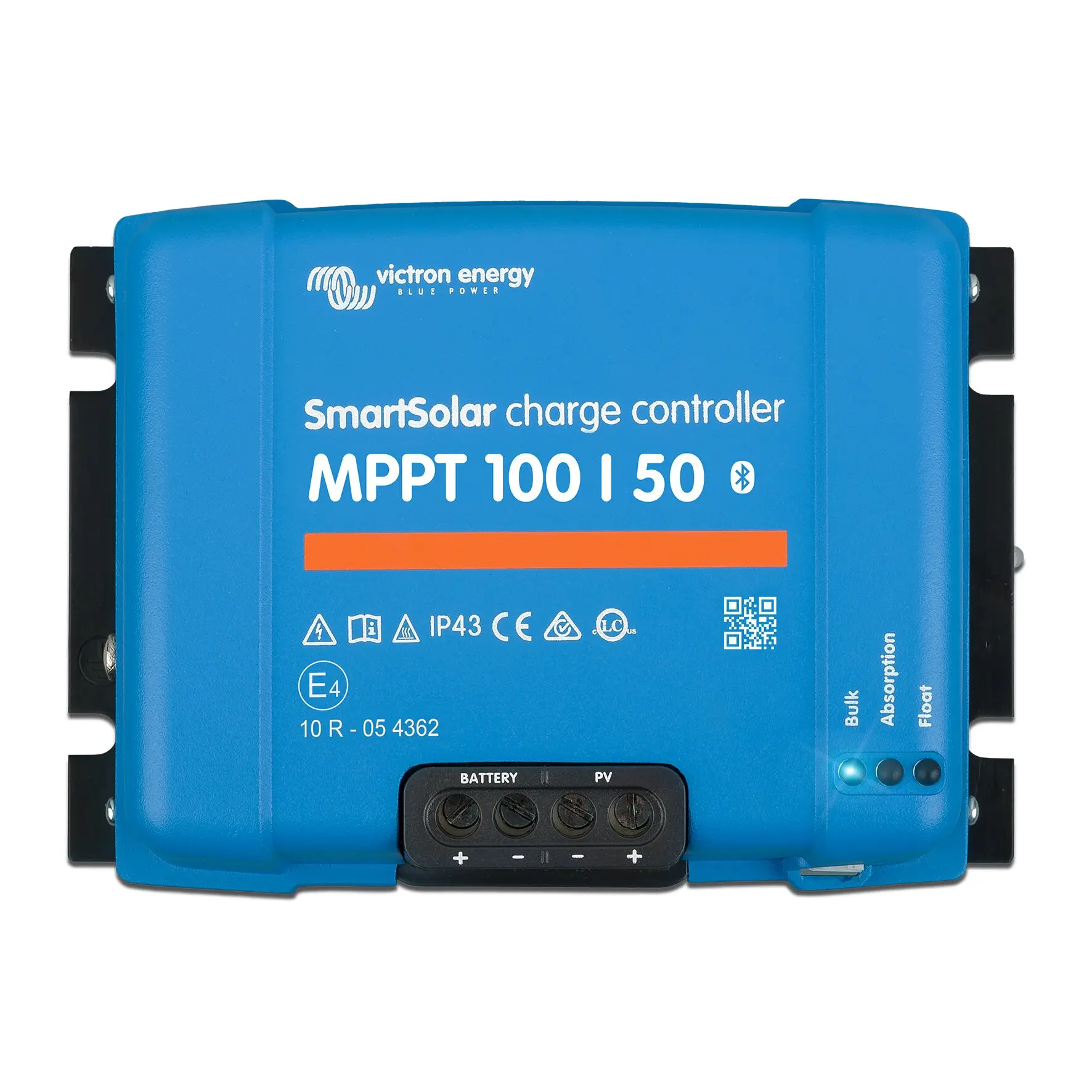 Blauer MPPT-Solar-Laderegler mit Victron Energy Logo, Aufdruck SmartSolar charge controller MPPT 100 | 50, Anschlussblock für Batterie und PV