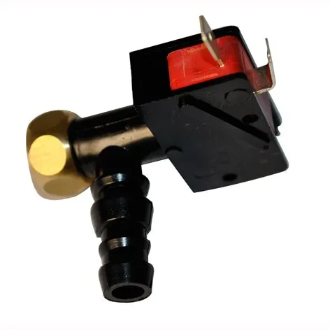 Schwarzer Druckschalter mit rotem Schaltknopf, goldfarbenem Anschluss und geriffeltem Schlauchanschluss, 5 A