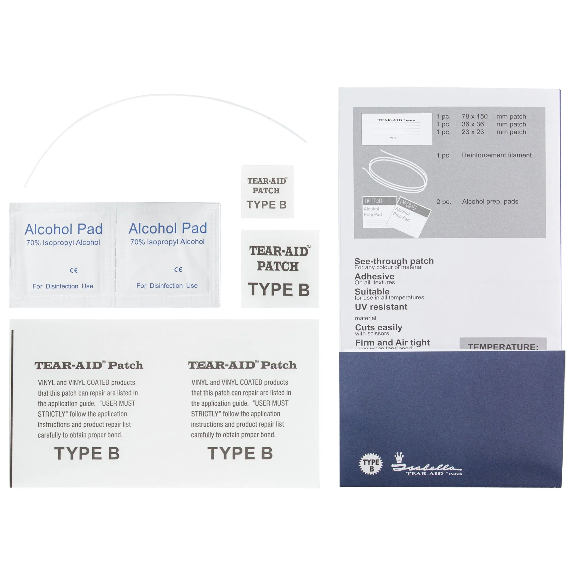 Reparaturset PVC Typ B mit transparenten Tear-Aid-Patches, Verstärkungsfaden, zwei Alkoholtupfern und Verpackung 

