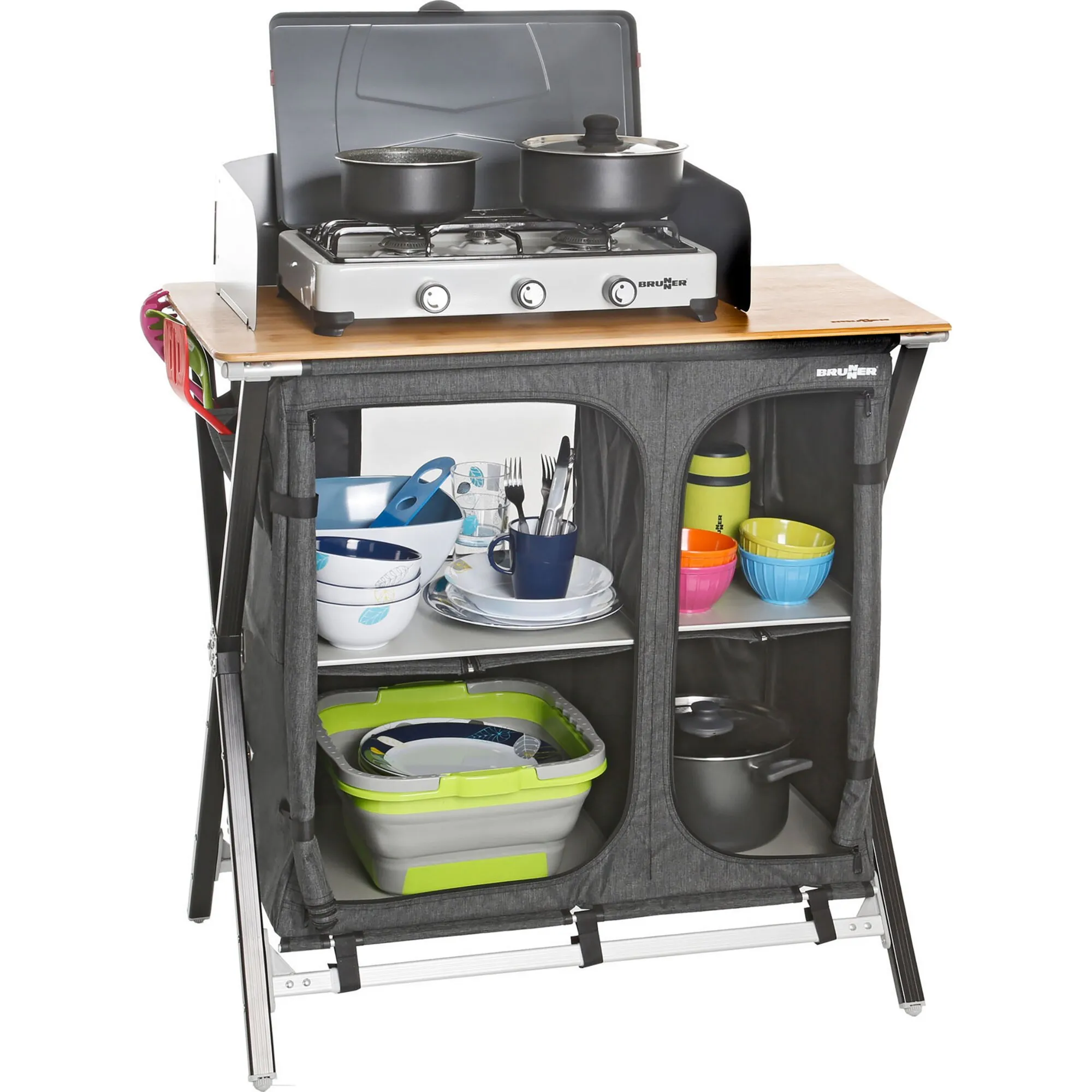Grauer Vielzweckschrank Mercury Cross Square mit zwei Ablagefächern, Geschirr und Kochutensilien sowie dreiflammigem Cross Cooker HWT SQ auf der Arbeitsplatte