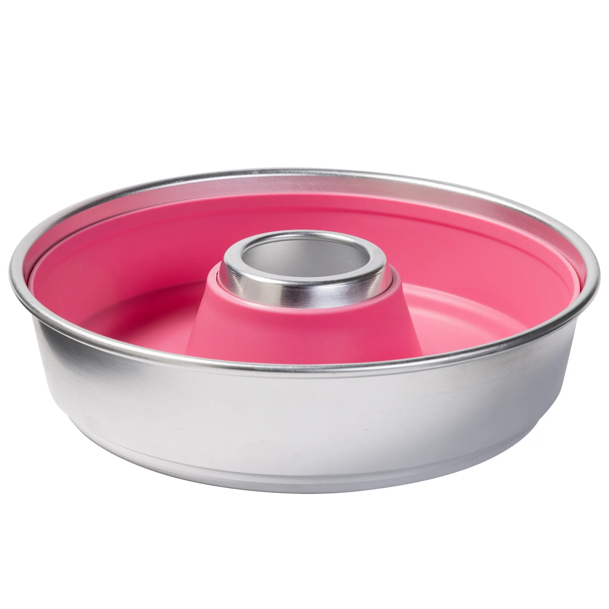 Rosa Silikonbackform mit rundem Rand und metallischem Mittelrohr für Kuchen und Gugelhupf‑Gebäck