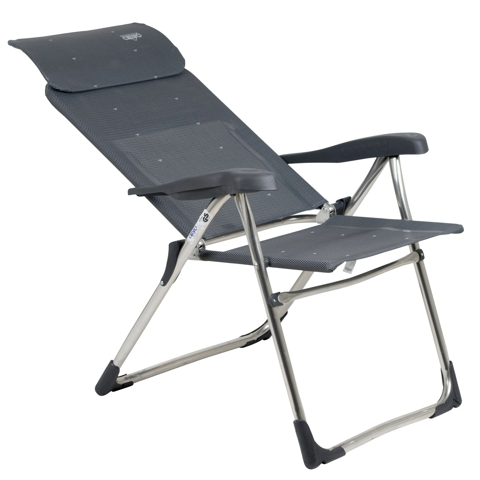 Campingstuhl AL/213 Classic in dunklem Grau mit verstellbarer Rückenlehne, Armlehnen und silbernem Metallgestell