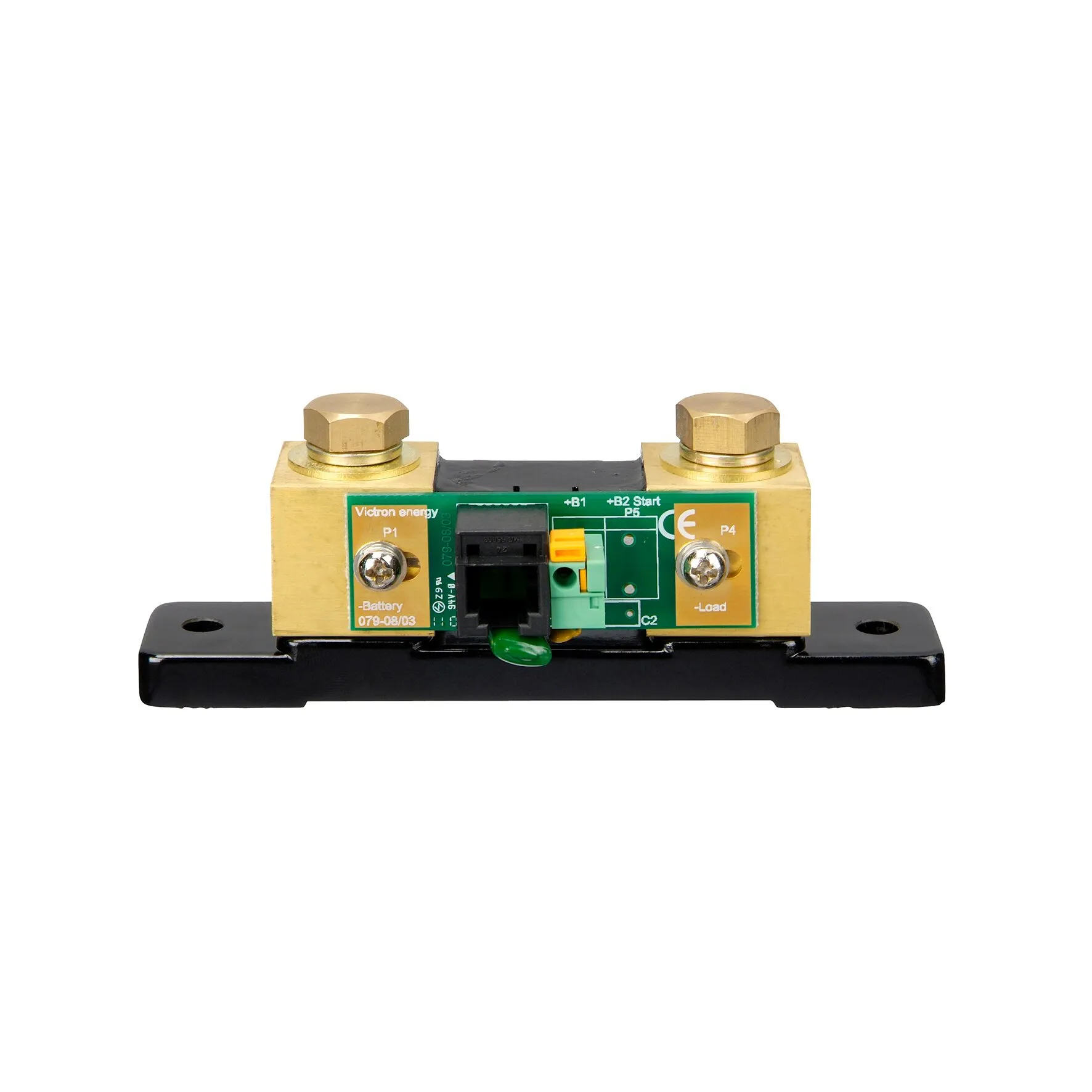 Victron Energy BMV-700 Batterie-Überwachungscomputer mit Messshunt, zwei Schraubanschlüssen und Anschlussklemmen auf schwarzer Halterung
