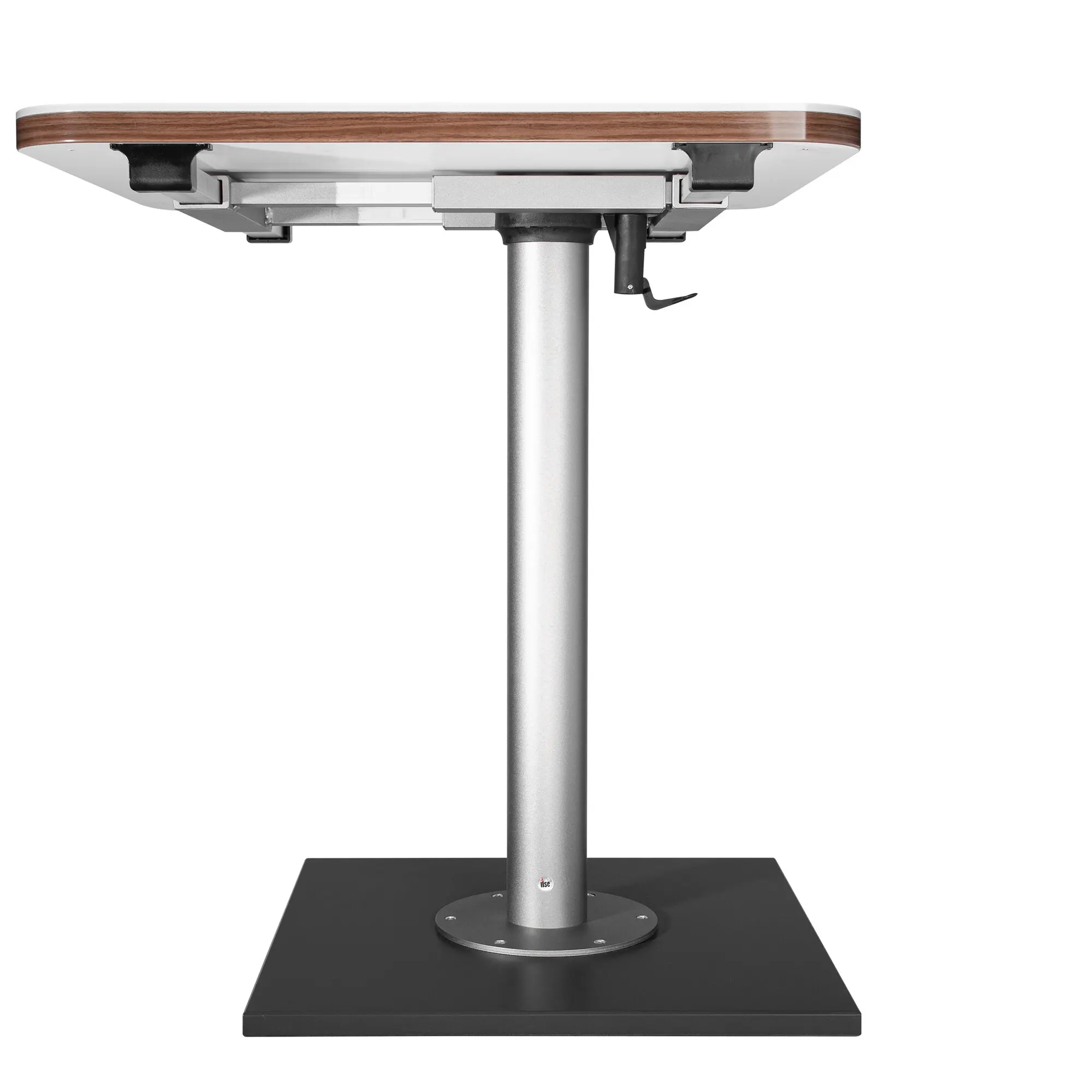 Unteransicht einer Tischsäule mit Holzkante: zentrale Metallstange, runder Fuß auf quadratischer Basis, seitlicher Hebel sichtbar