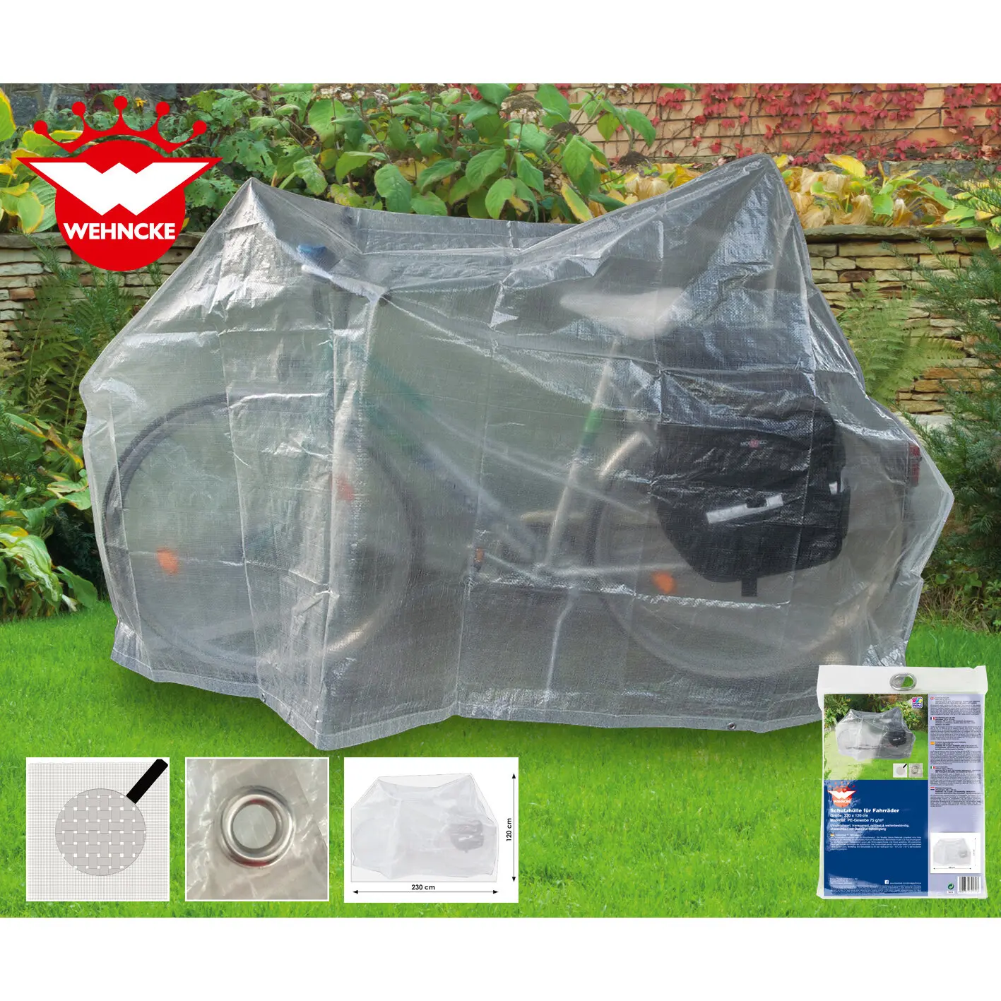 Transparente Fahrradschutzhülle über einem Fahrrad im Garten, mit Ösen und Maßangaben 230 × 120 cm, WEHNCKE Logo sichtbar