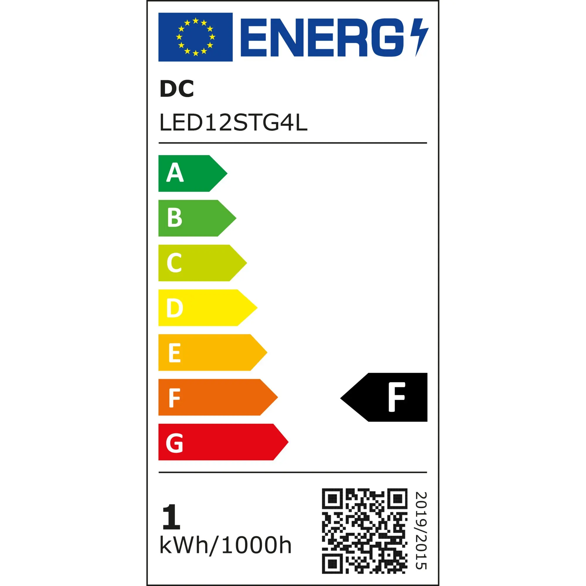 EU-Energieetikett für eine LED-G4-Lampe (0,60 W); zeigt Modell LED12STG4L, DC, farbige Balken A bis G, QR-Code und Verbrauchsangabe 1 kWh/1000h
