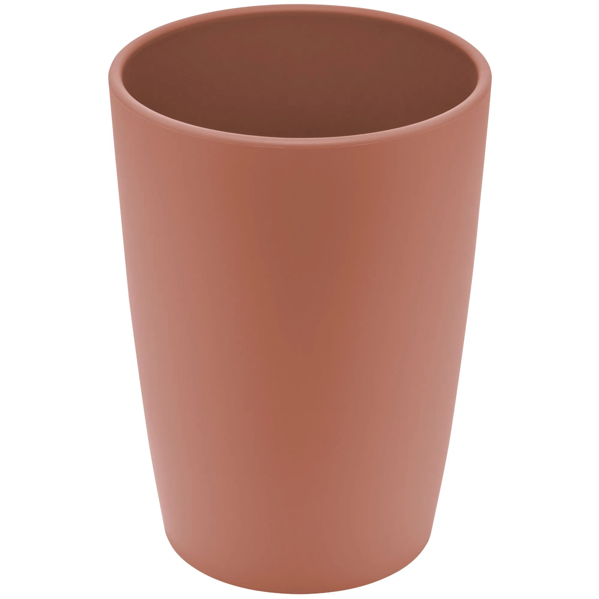 Trinkbecher 340 ml terracotta, runde Form mit glatter Oberfläche, Innen dunklerer Farbton, Nahaufnahme der oberen Kante ohne Griff