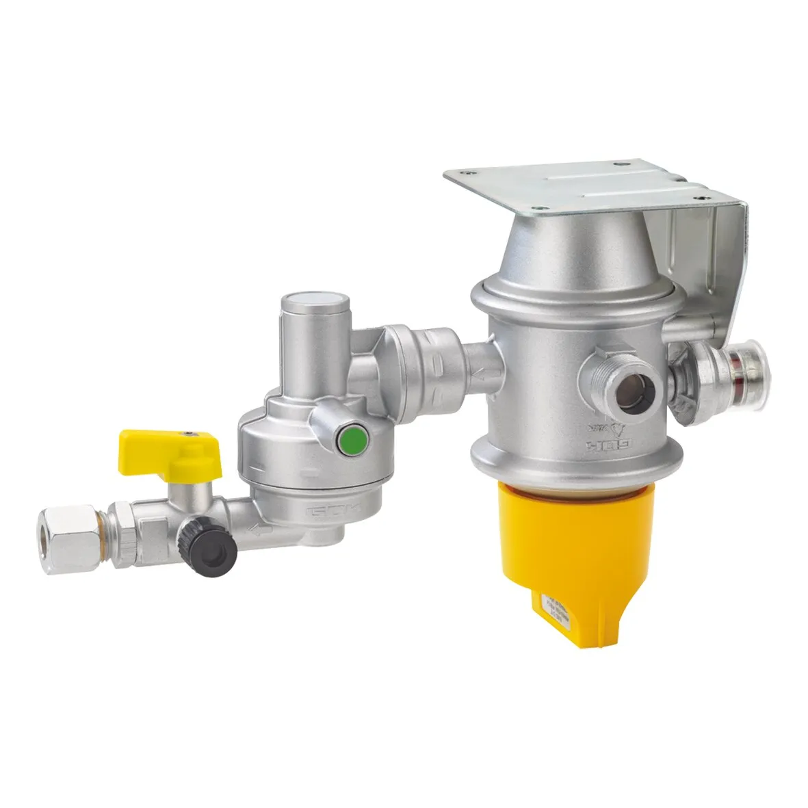 Sicherheits-Gasdruck-Regelanlage Caramatic DriveTwo aus Metall mit gelben Schutzkappen und Anschlussventilen, horizontal montiert