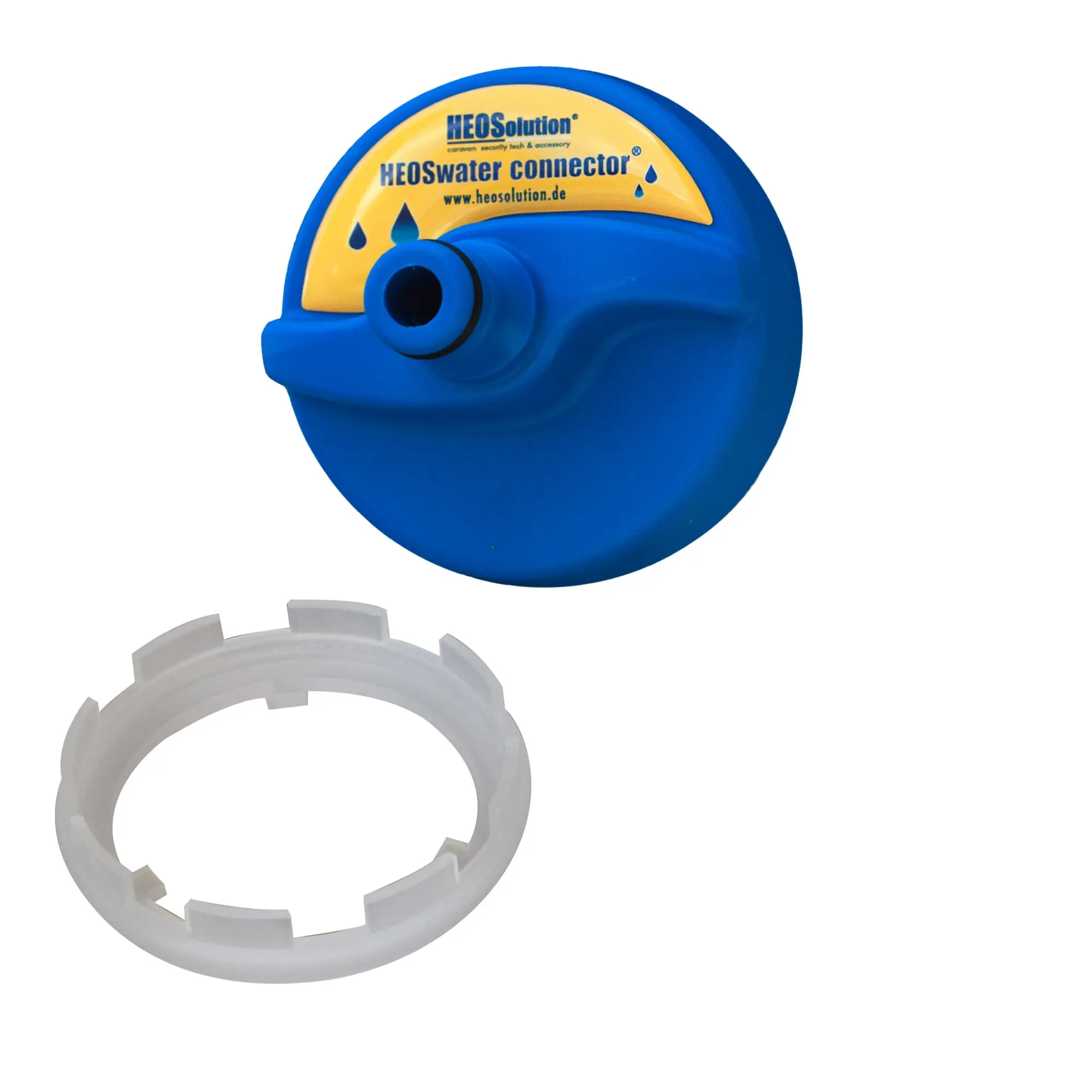 Blauer runder Wassertankdeckel mit gelbem Etikett HEOSwater connector, zwei Wasser-Tropfen-Symbole und ein weißer Dichtungsring darunter
