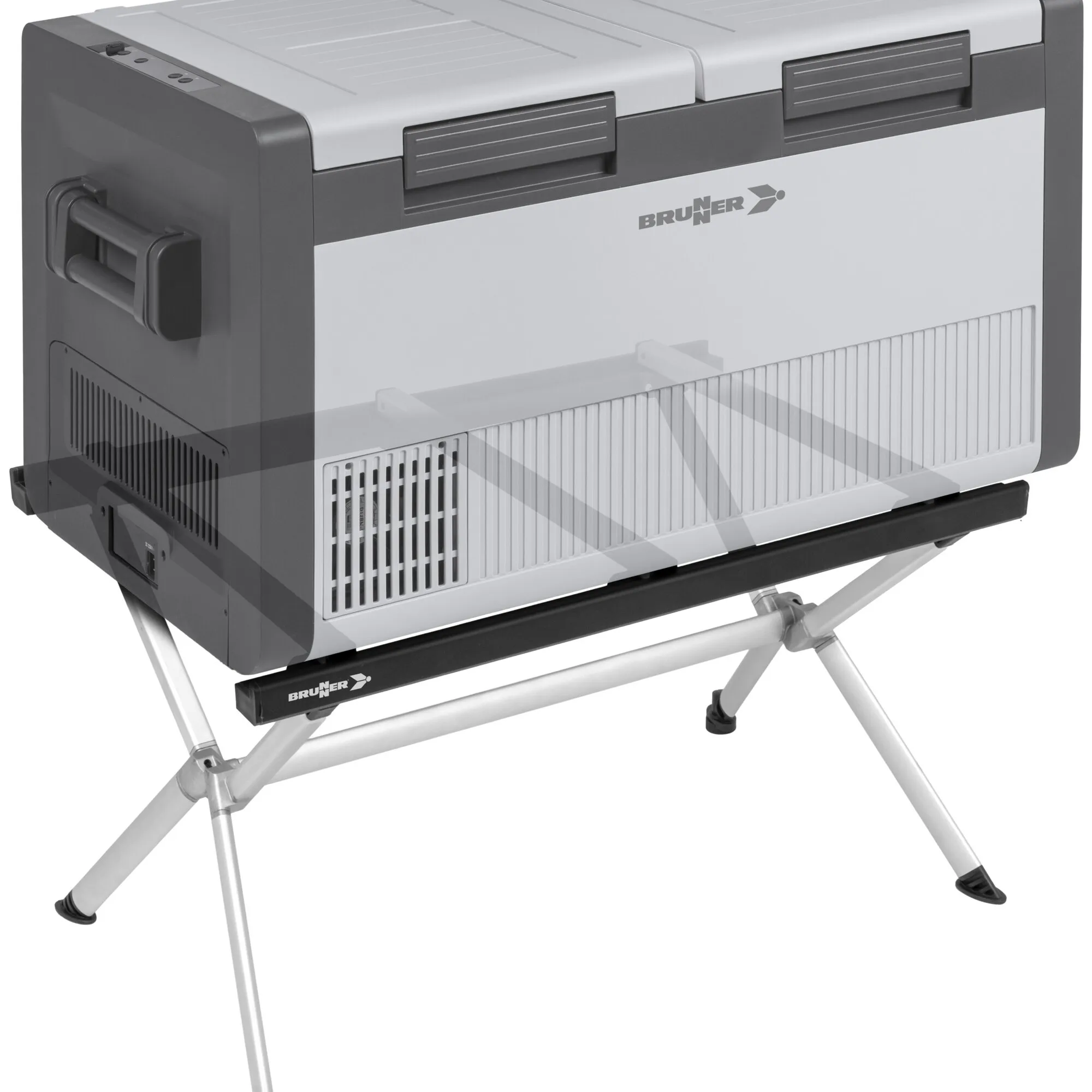Bruner Fridge Stand HD: Große Kühlbox in Grau auf einem klappbaren Aluminiumständer mit vier Standbeinen