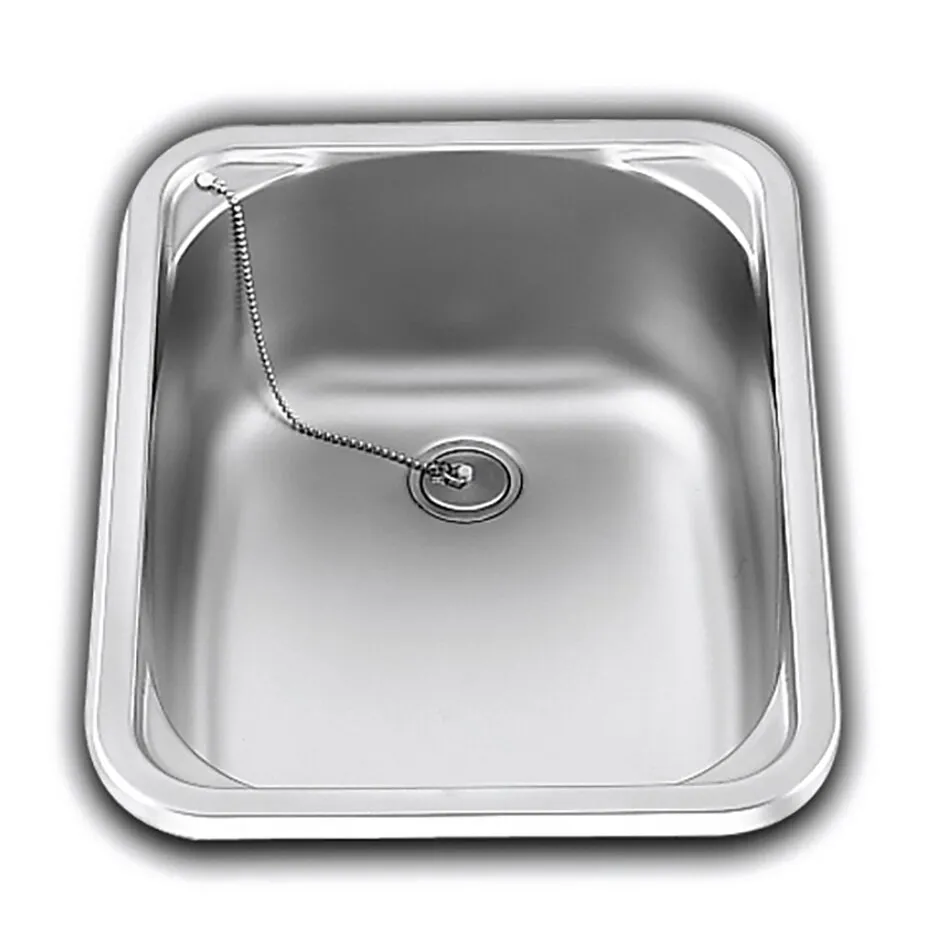 Edelstahl-Spülbecken 930 mit abgerundeten Ecken, breitem Rand, Ablauf und sichtbarer Verschlusskette