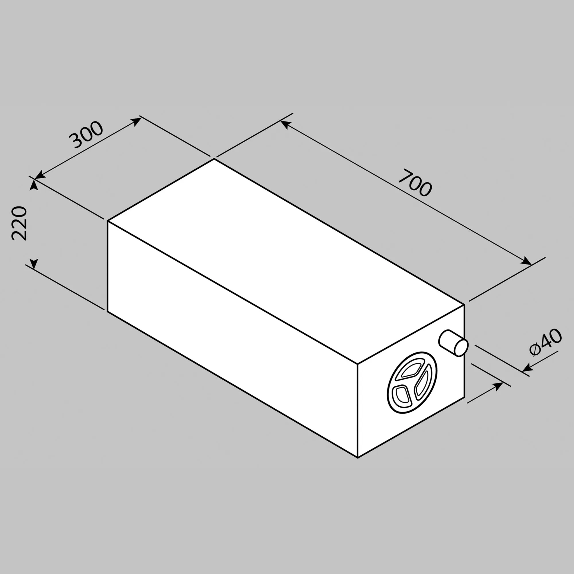 Frischwassertank 43 Typ EV0905 als rechteckiger Tank mit Anschlussstutzen und Reinigungsöffnung, Maße 700 × 300 × 220 mm, Stutzen Ø 40 mm